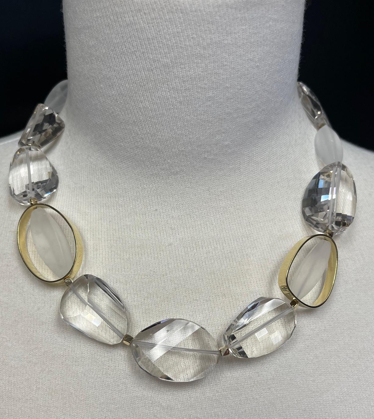 Hand Carved Rock Crystal Quartz Bead Necklace with 18k Yellow Gold Accents For Sale 1