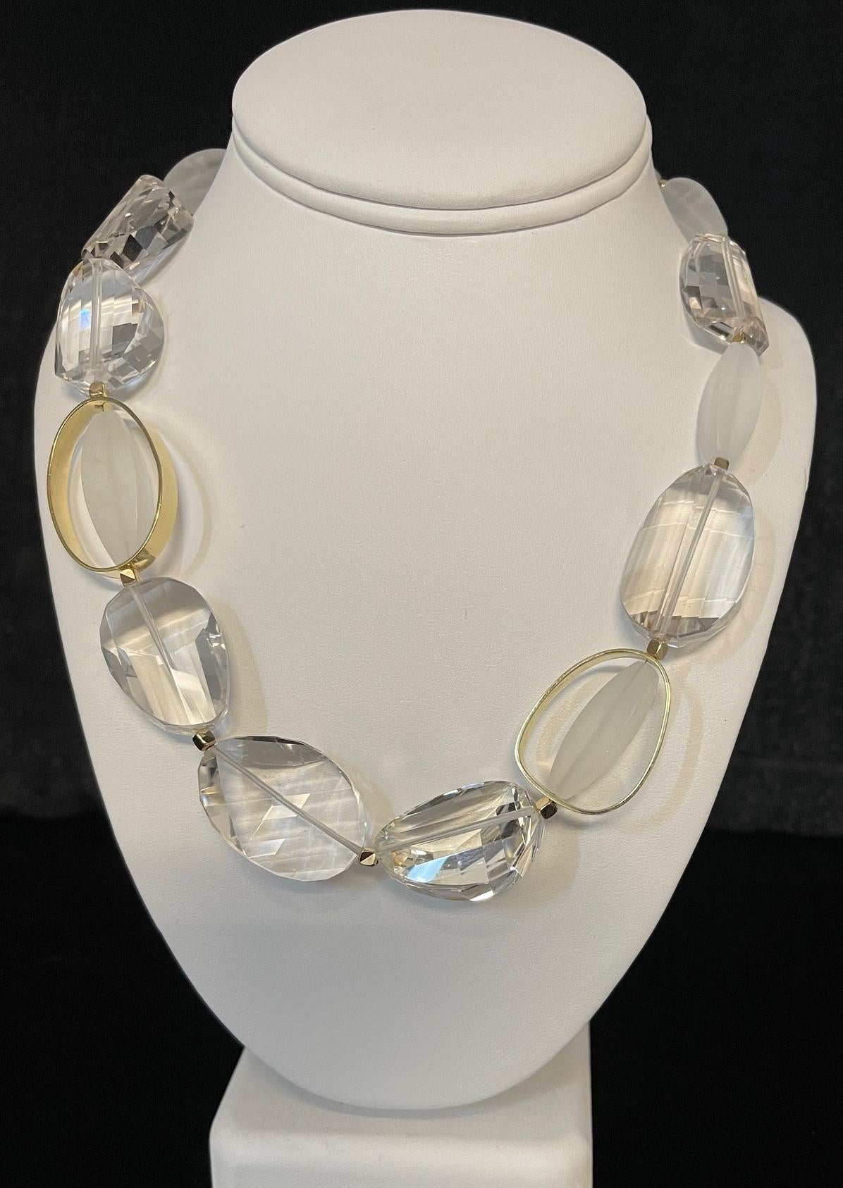 Hand Carved Rock Crystal Quartz Bead Necklace with 18k Yellow Gold Accents For Sale 2