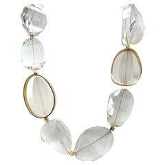 Hand Carved Rock Crystal Quartz Bead Necklace with 18k Yellow Gold Accents