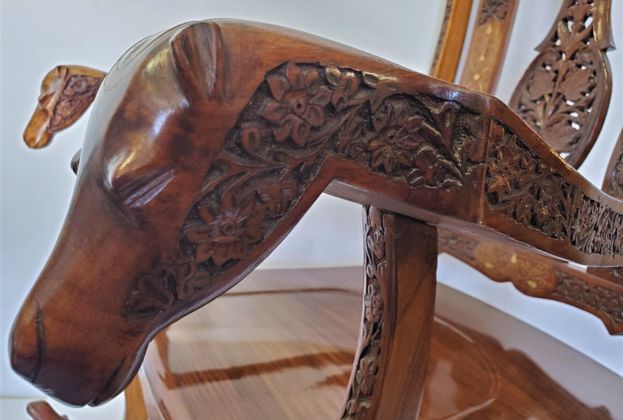 Hand Carved Rocking Chair with Floral and Camel Design 3