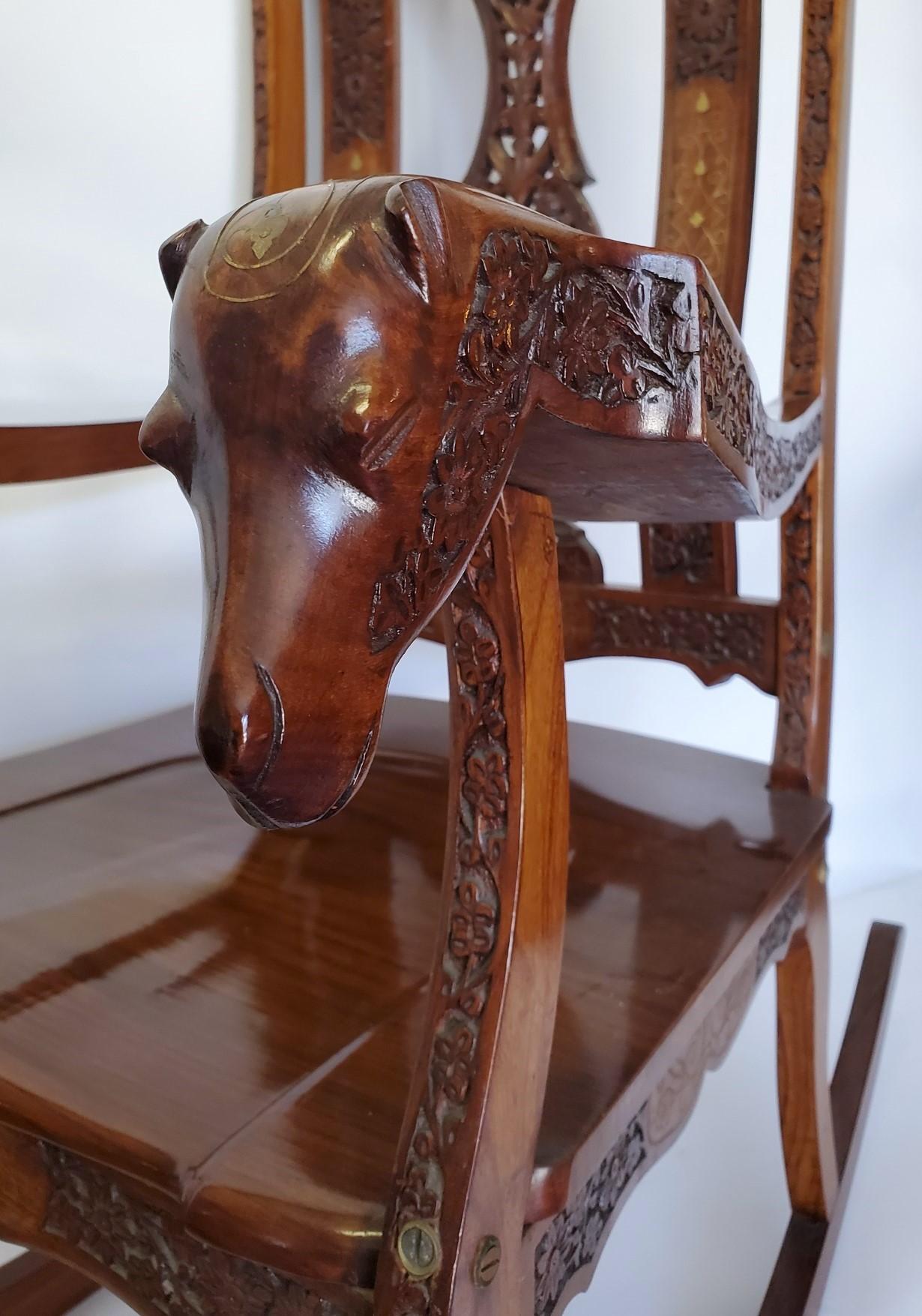 Hand Carved Rocking Chair with Floral and Camel Design 4