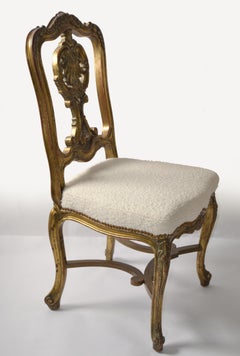 Hand-Carved Rococo Louis XV Giltwood Side Chair Bouclé Upholstery Cabriole Legs