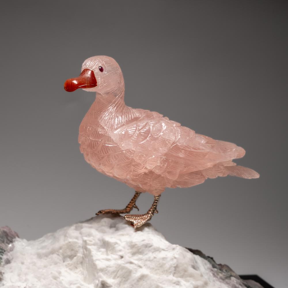 Brazilian Hand Carved Rose Quartz and Fluorite Ducks on a Tourmaline in Albite Matrix (6