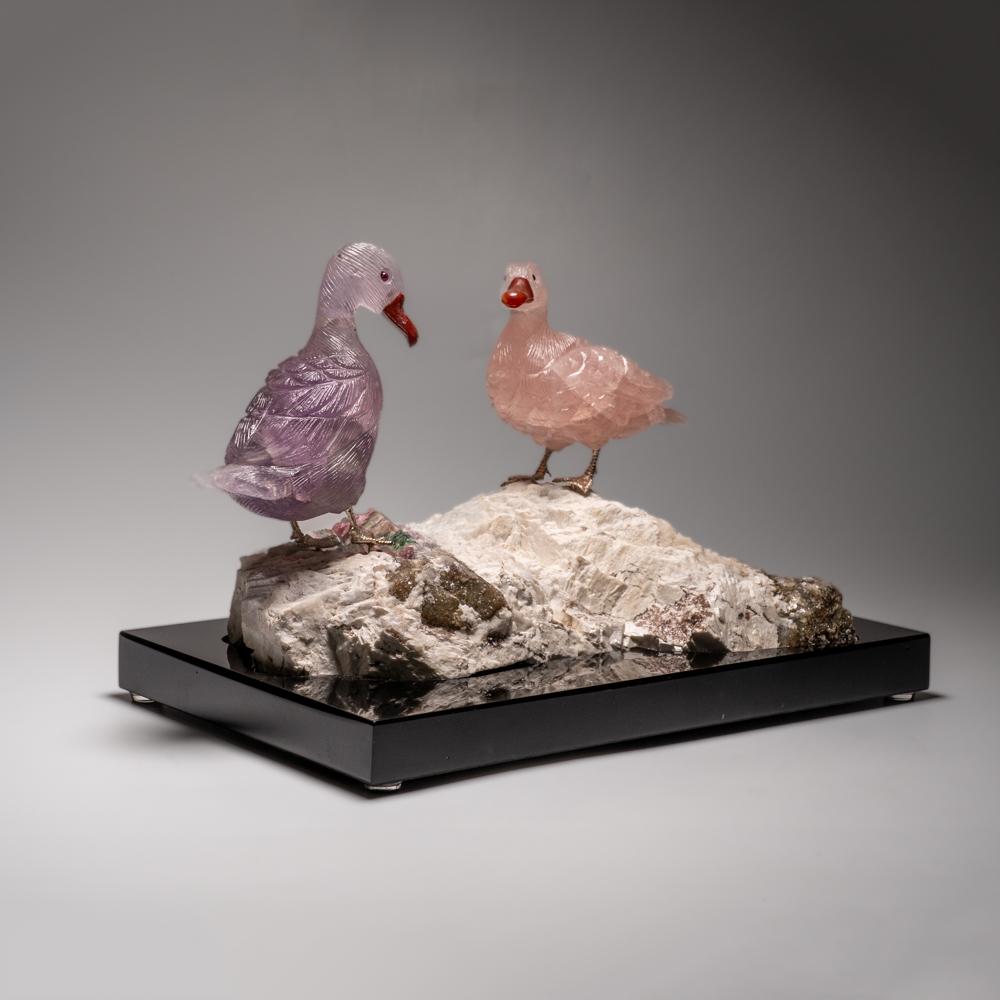 Hand Carved Rose Quartz and Fluorite Ducks on a Tourmaline in Albite Matrix (6