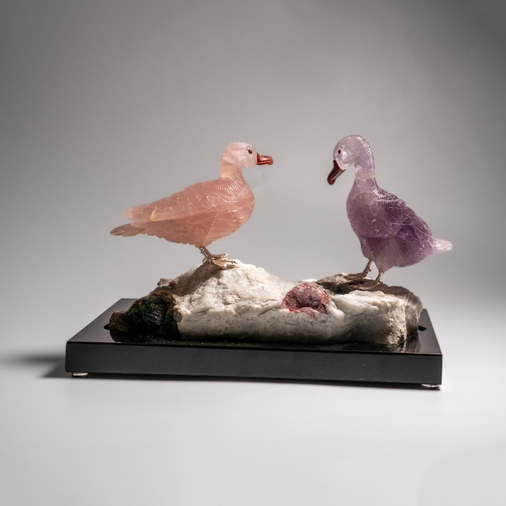 Contemporary Hand Carved Rose Quartz and Fluorite Ducks on a Tourmaline in Albite Matrix (6