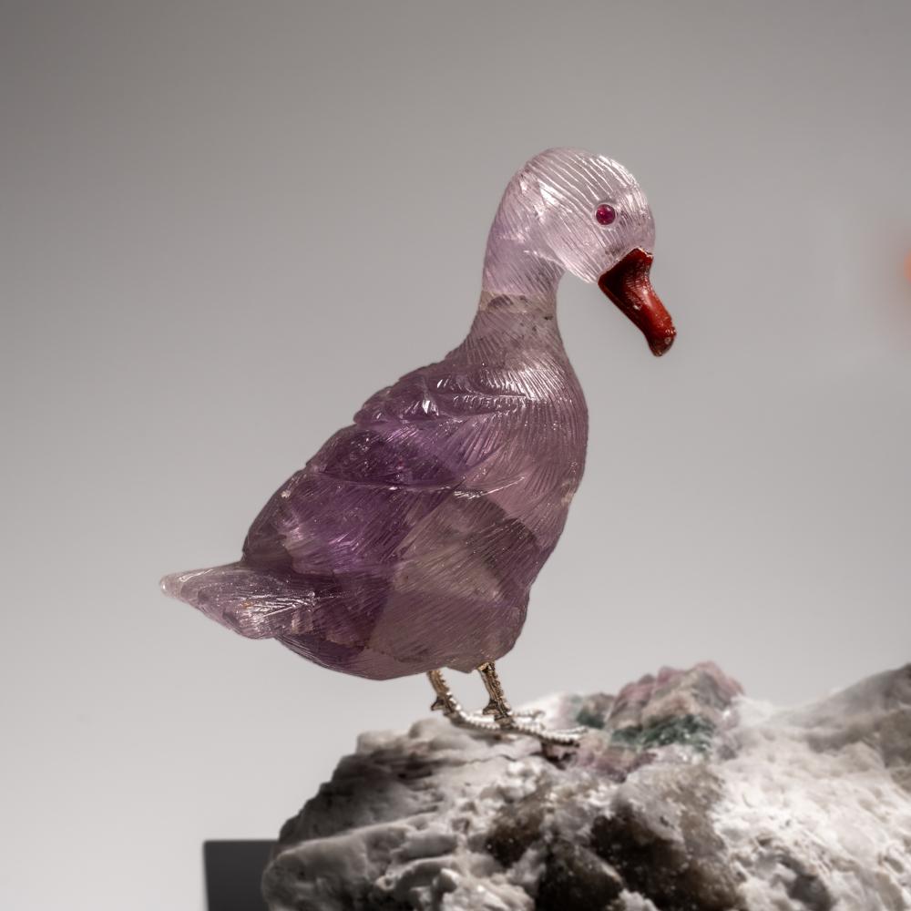 Crystal Hand Carved Rose Quartz and Fluorite Ducks on a Tourmaline in Albite Matrix (6