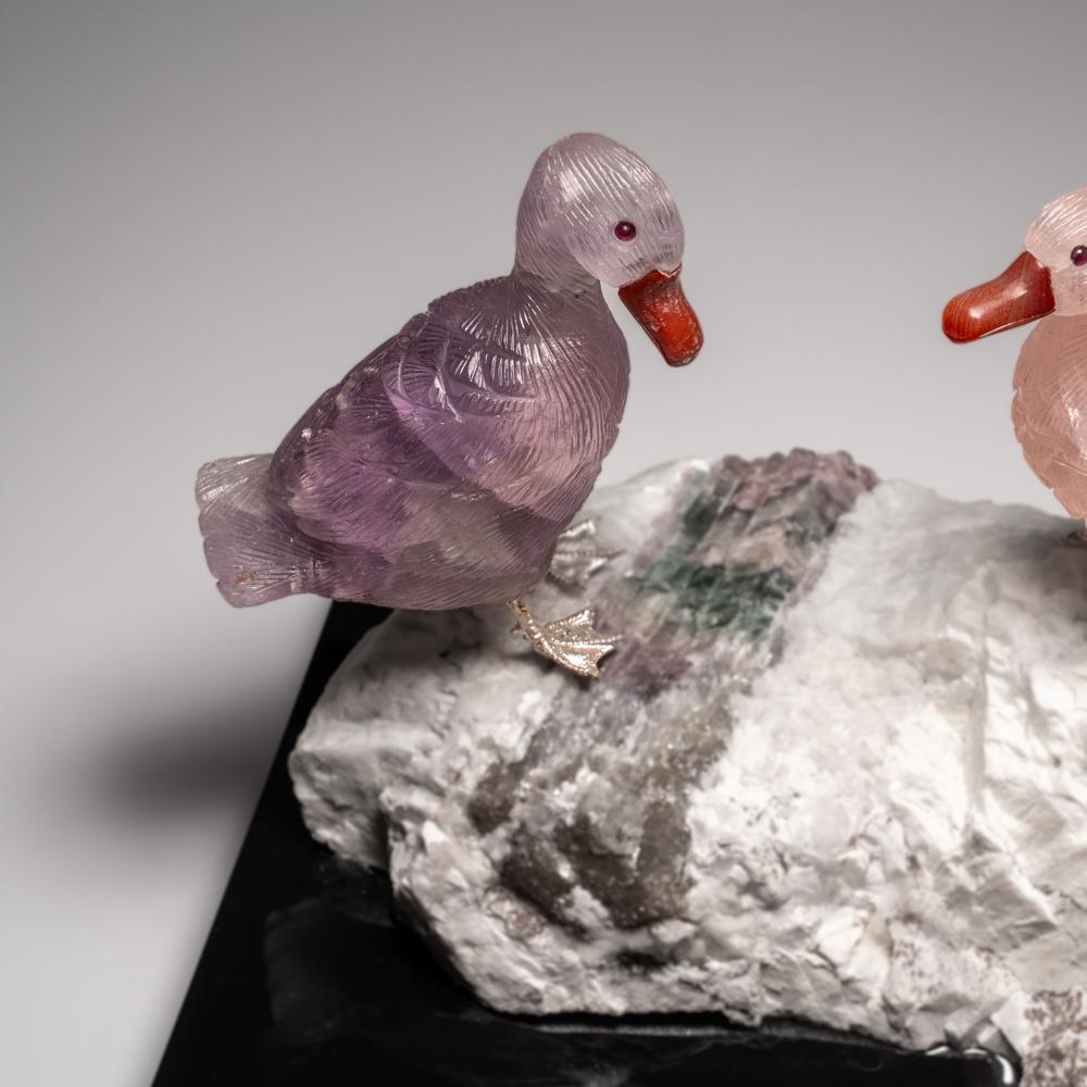 Hand Carved Rose Quartz and Fluorite Ducks on a Tourmaline in Albite Matrix (6