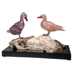Hand Carved Rose Quartz and Fluorite Ducks on a Tourmaline in Albite Matrix (6"H