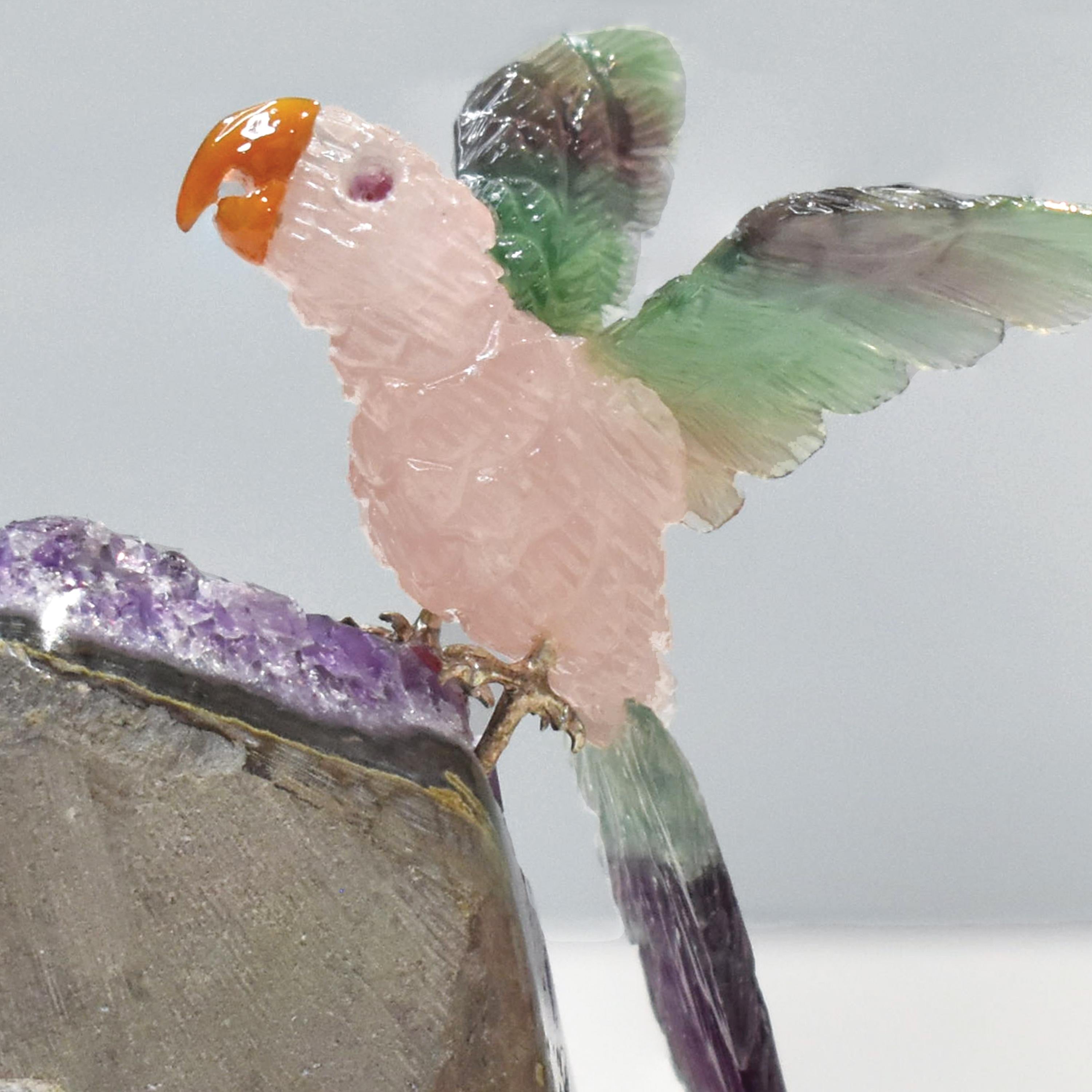 Hand-Carved Rose Quartz Bird with Fluorite Wings Natural Amethyst Base Sculpture For Sale 4