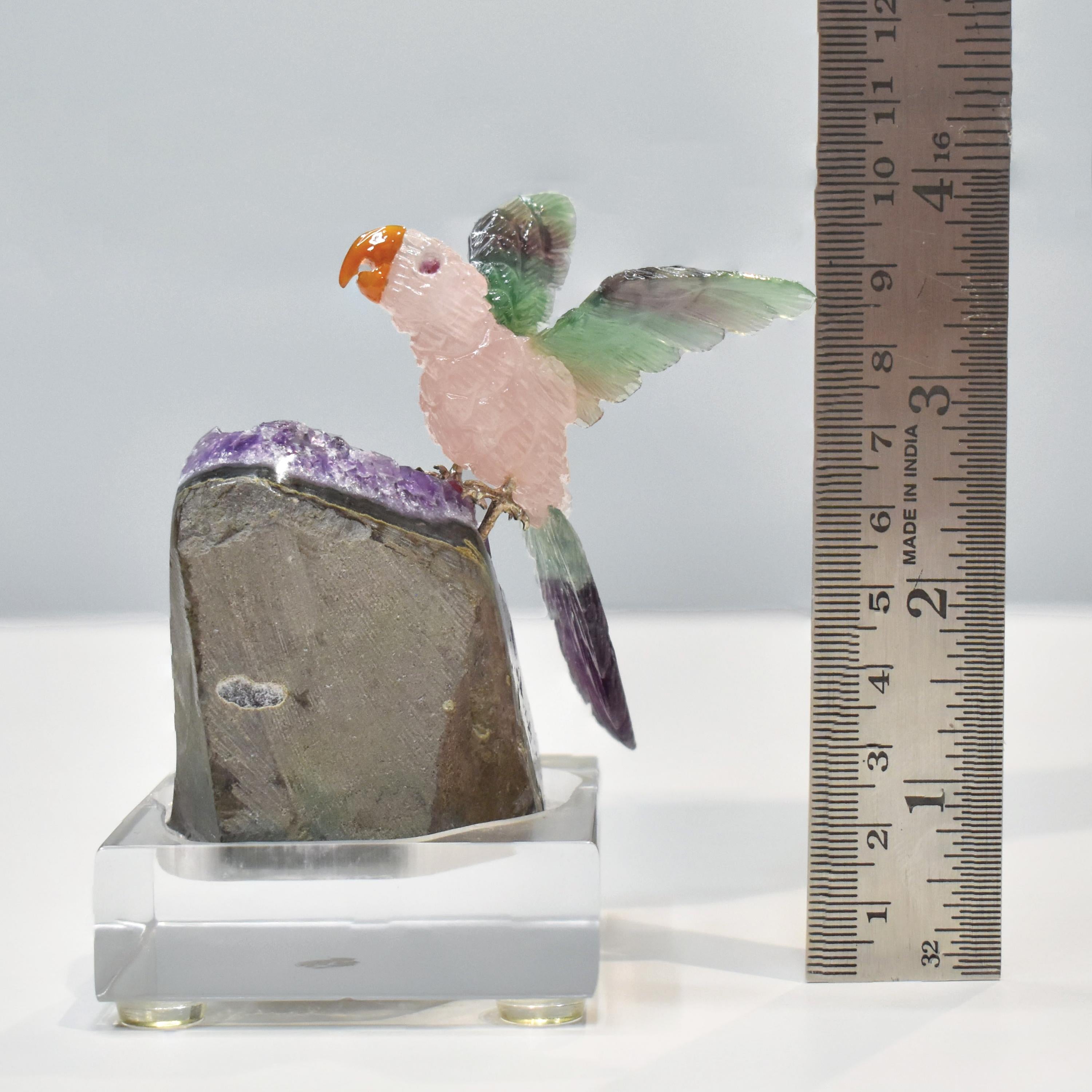 Hand-Carved Rose Quartz Bird with Fluorite Wings Natural Amethyst Base Sculpture For Sale 5
