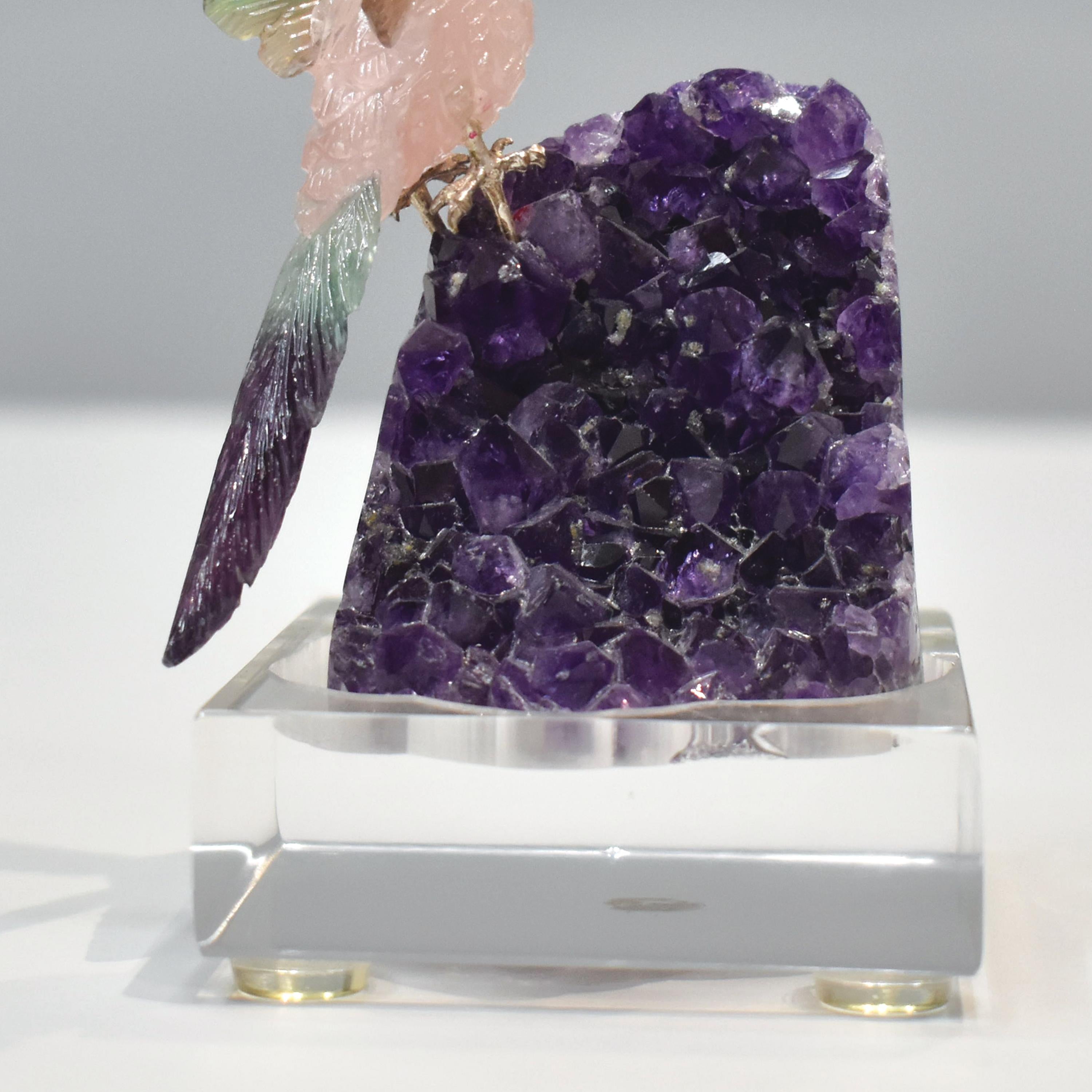 Hand-Carved Rose Quartz Bird with Fluorite Wings Natural Amethyst Base Sculpture For Sale 6