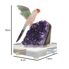 Hand-Carved Rose Quartz Parrot Sculpture with Amethyst Rock Base