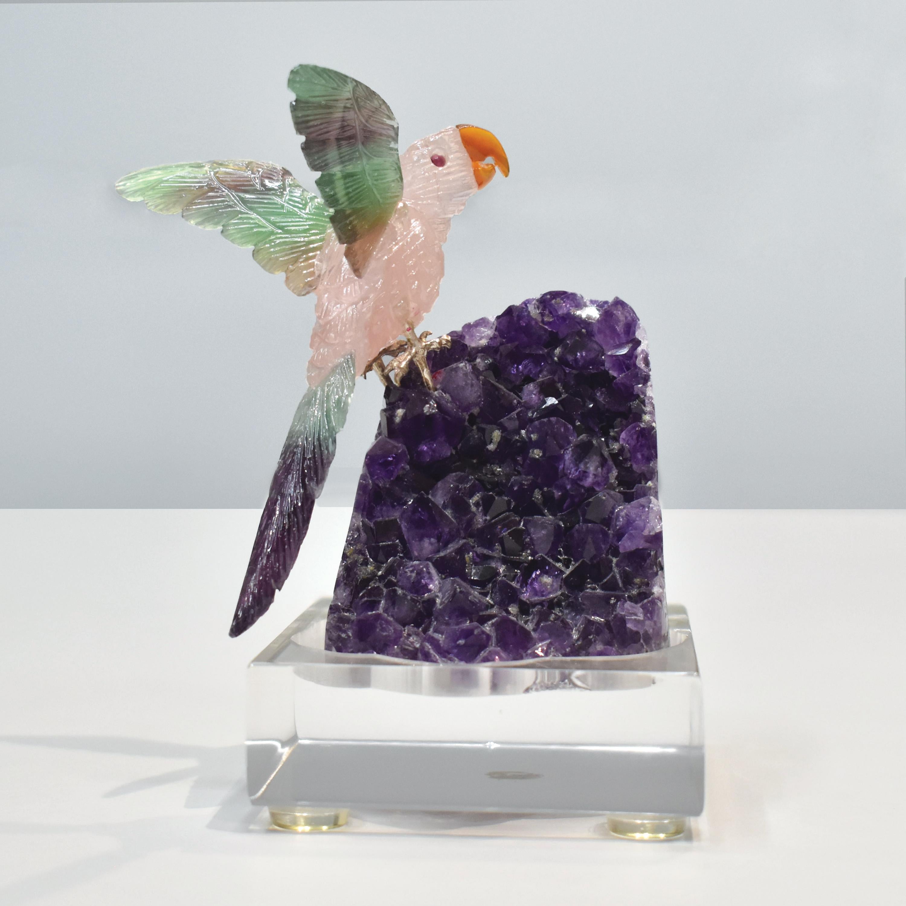 Artisan Hand-Carved Rose Quartz Bird with Fluorite Wings Natural Amethyst Base Sculpture For Sale