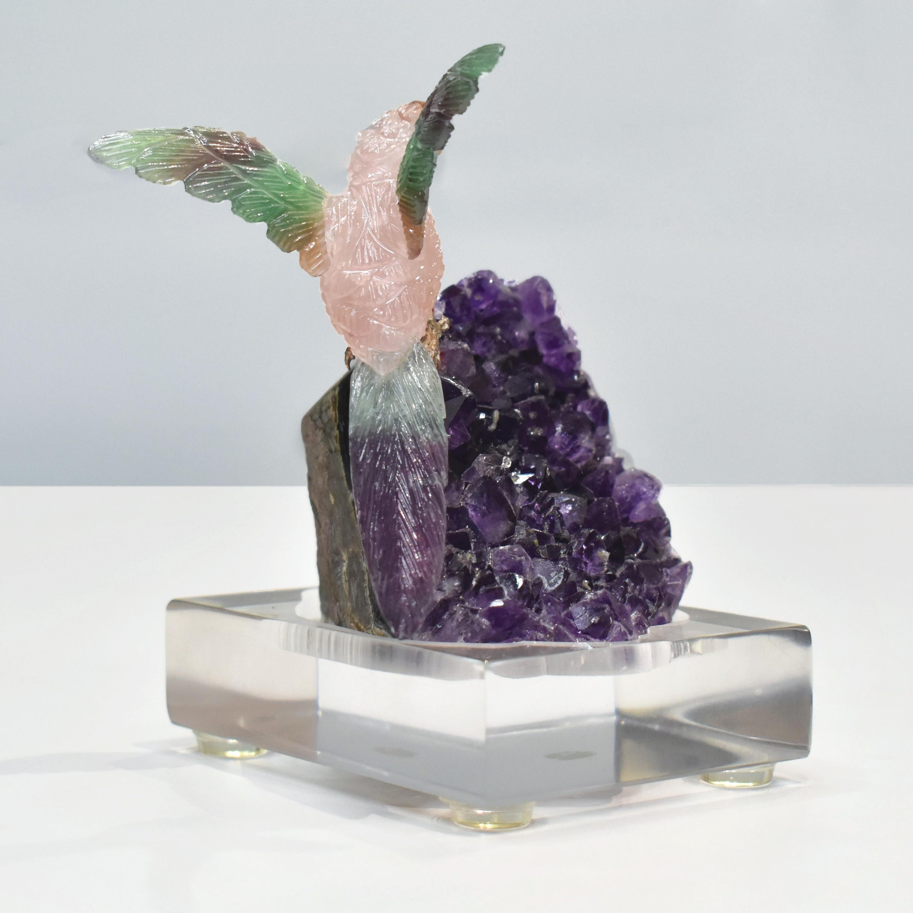 Mixed Cut Hand-Carved Rose Quartz Bird with Fluorite Wings Natural Amethyst Base Sculpture For Sale