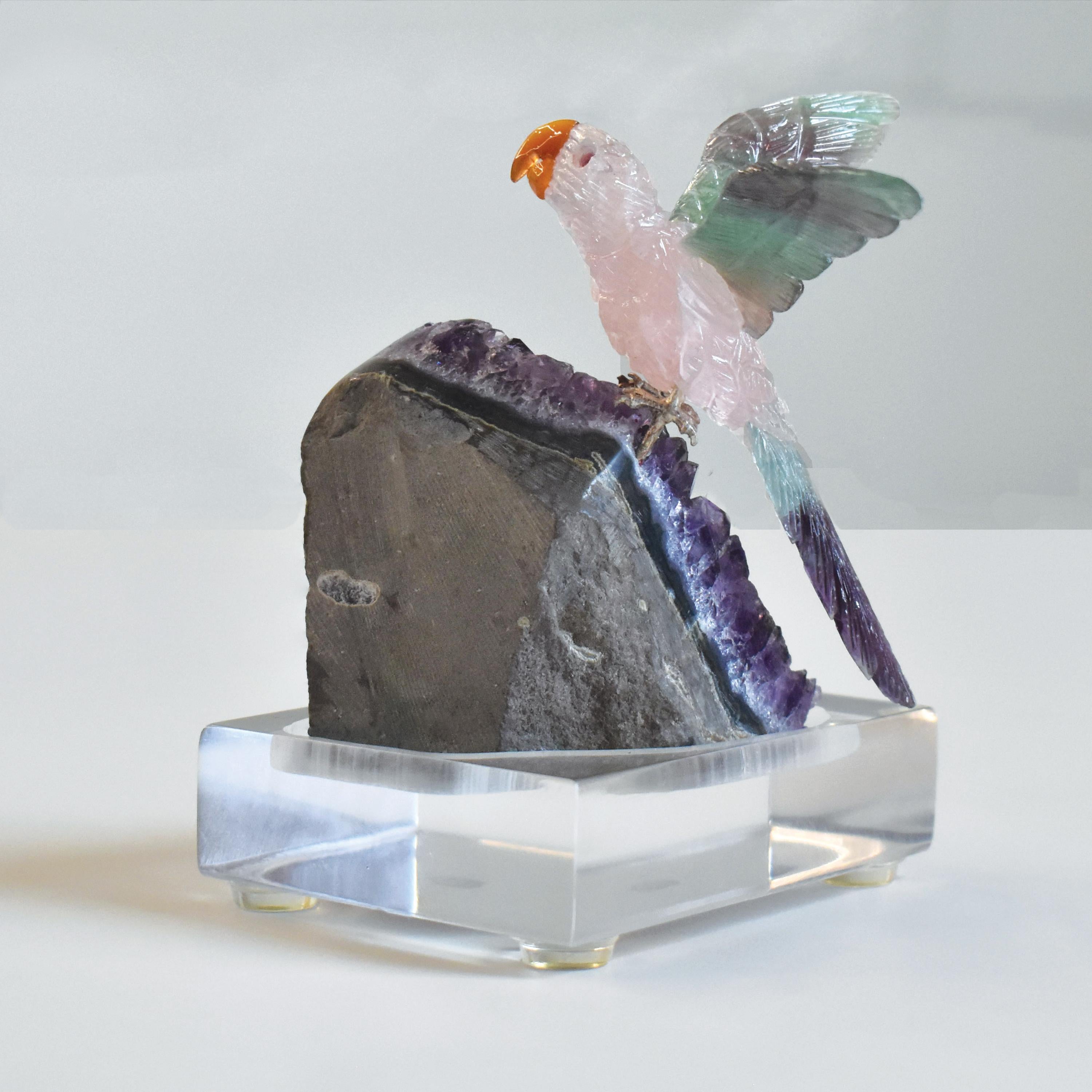 Women's or Men's Hand-Carved Rose Quartz Bird with Fluorite Wings Natural Amethyst Base Sculpture For Sale