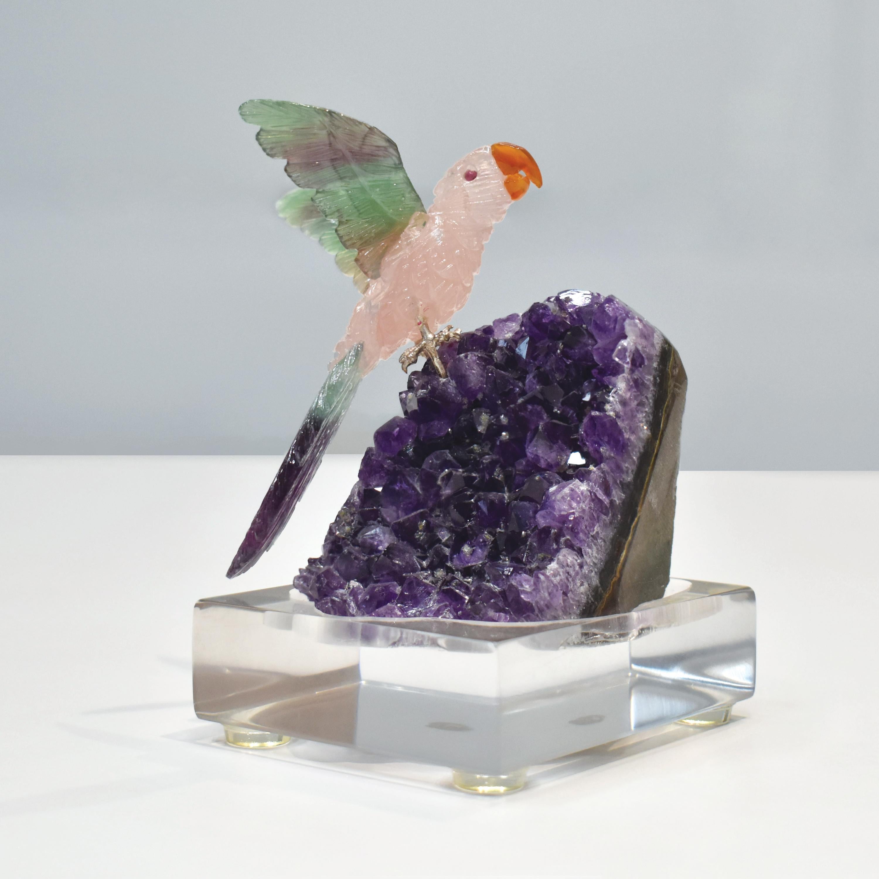Hand-Carved Rose Quartz Bird with Fluorite Wings Natural Amethyst Base Sculpture For Sale 1