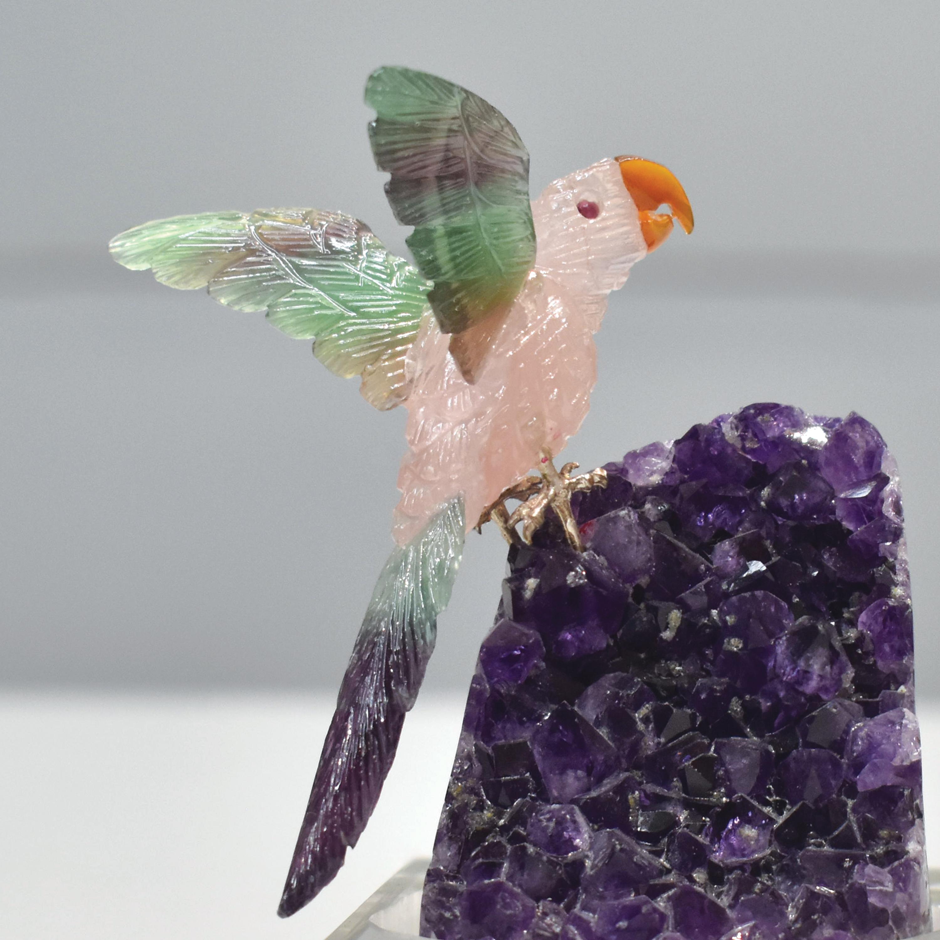 Hand-Carved Rose Quartz Bird with Fluorite Wings Natural Amethyst Base Sculpture For Sale 2