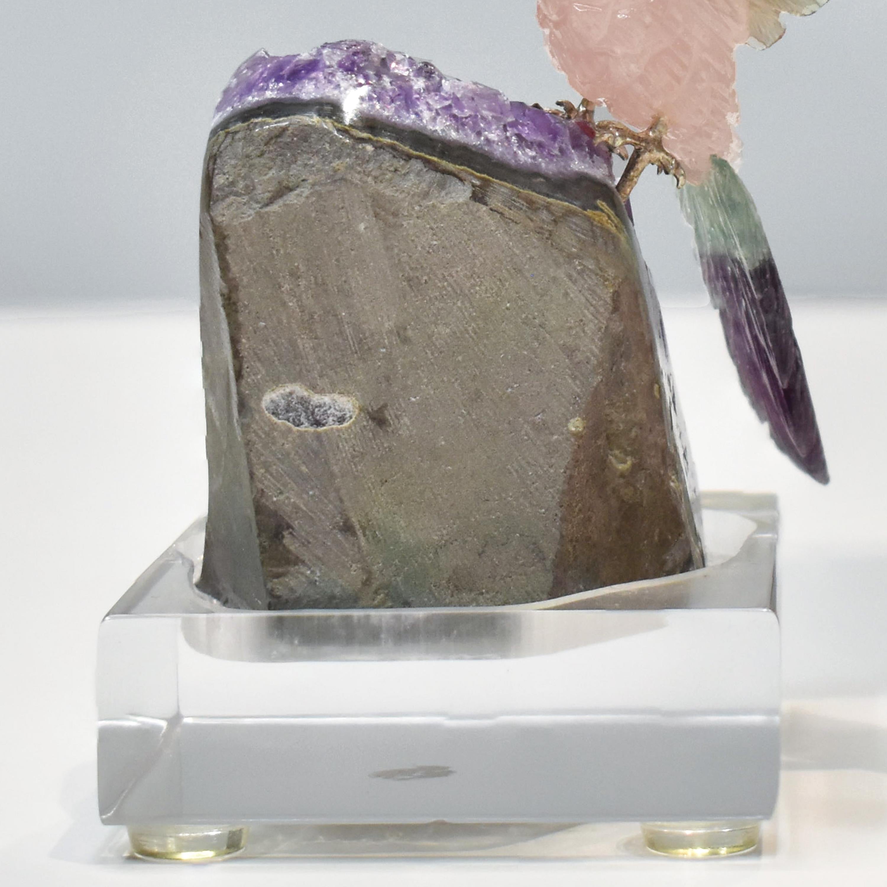 Hand-Carved Rose Quartz Bird with Fluorite Wings Natural Amethyst Base Sculpture For Sale 3