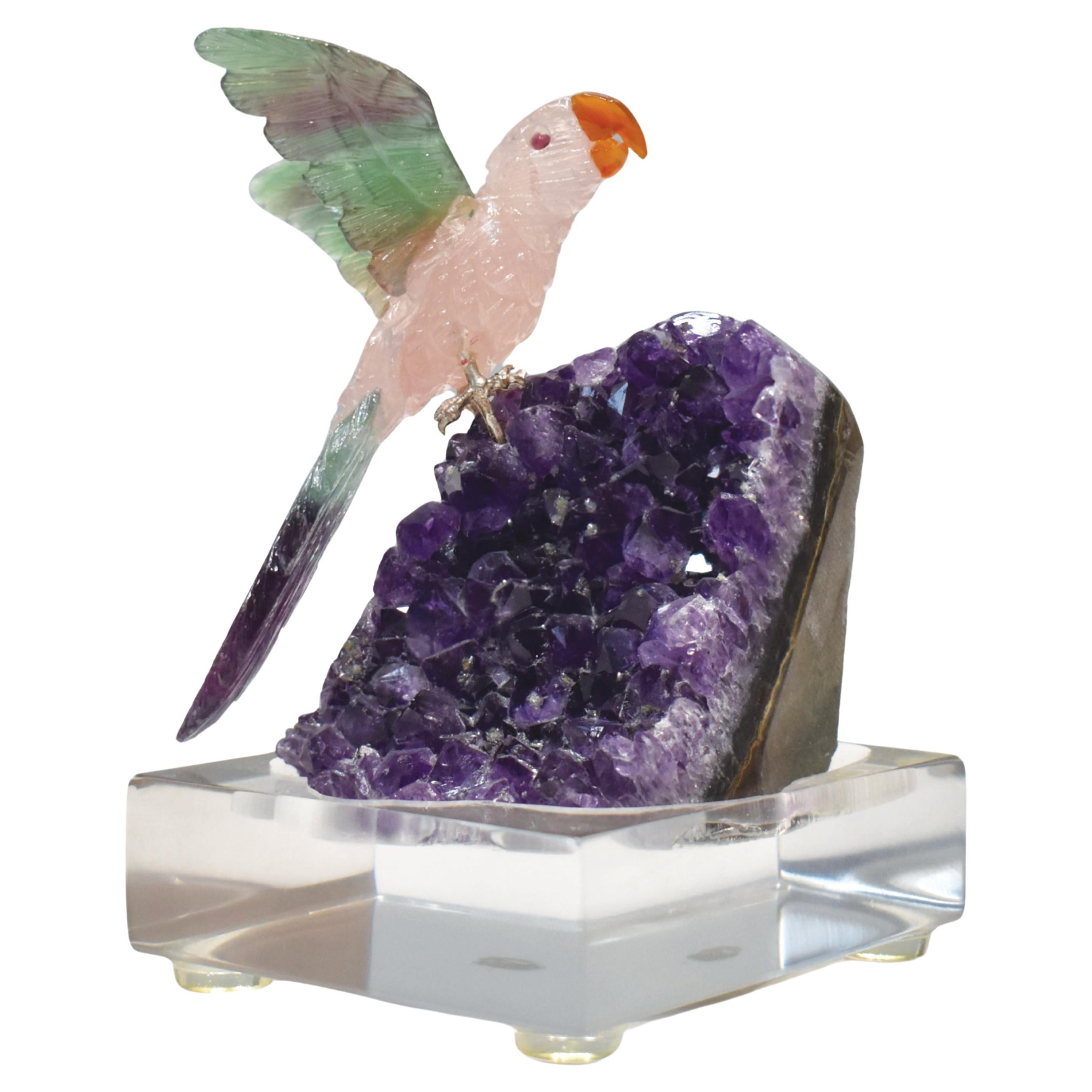 Hand-Carved Rose Quartz Bird with Fluorite Wings Natural Amethyst Base Sculpture For Sale
