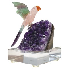 Hand-Carved Rose Quartz Bird with Fluorite Wings Natural Amethyst Base Sculpture
