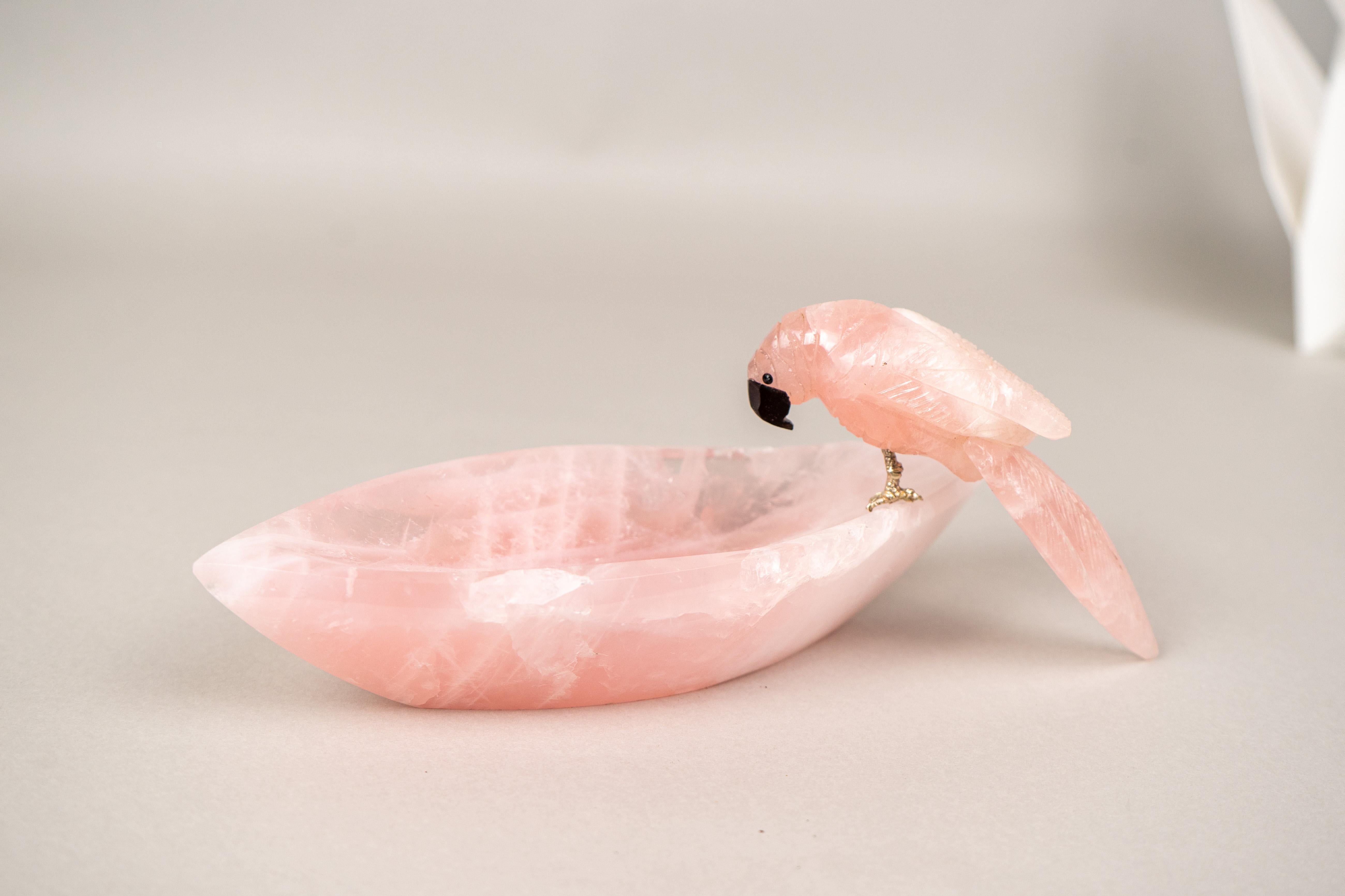 Contemporary Hand-Carved Rose Quartz Crystal Parrots For Sale