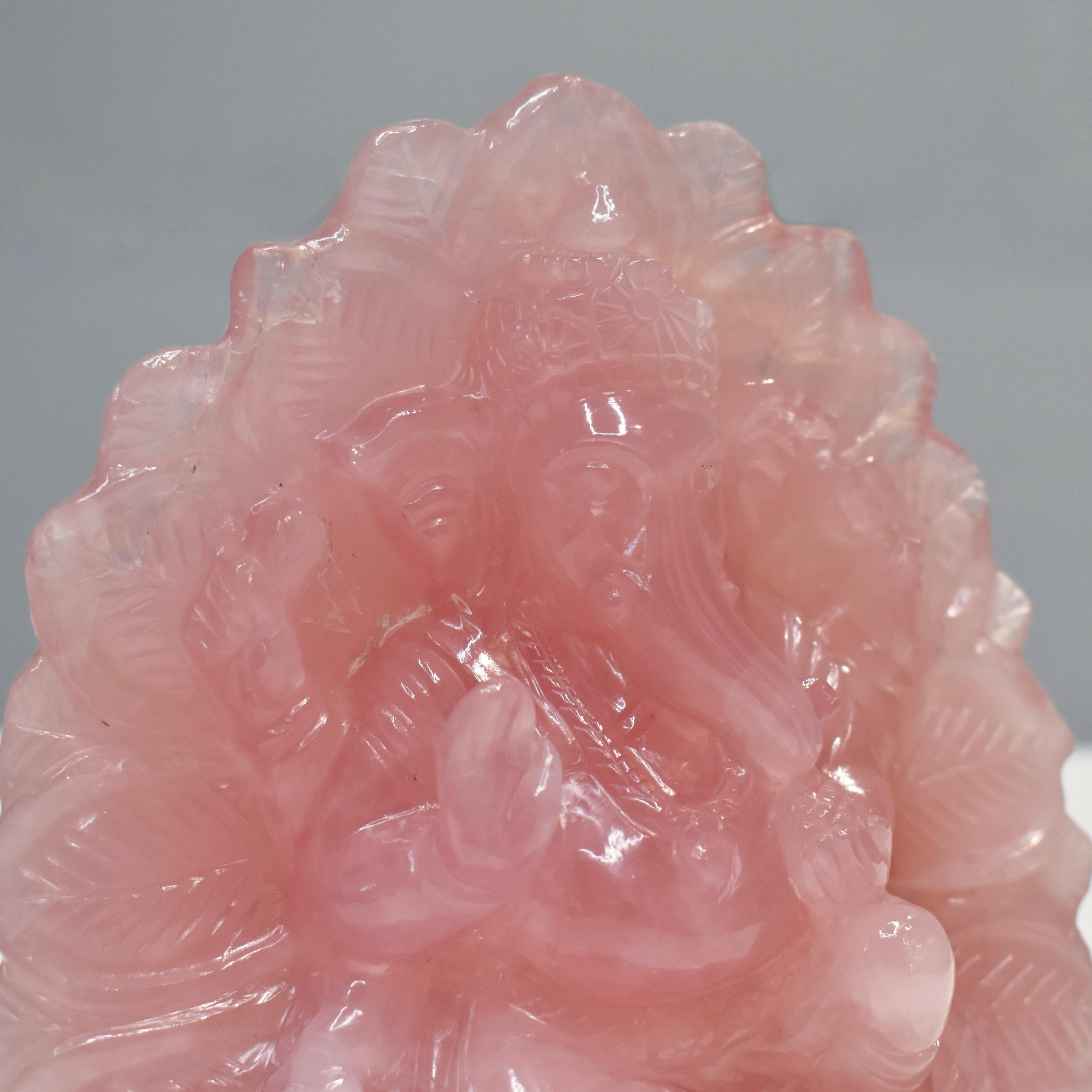 Hand-Carved Rose Quartz Ganesha Idol in Lotus Shape Sculpture Religious Figurine For Sale 4