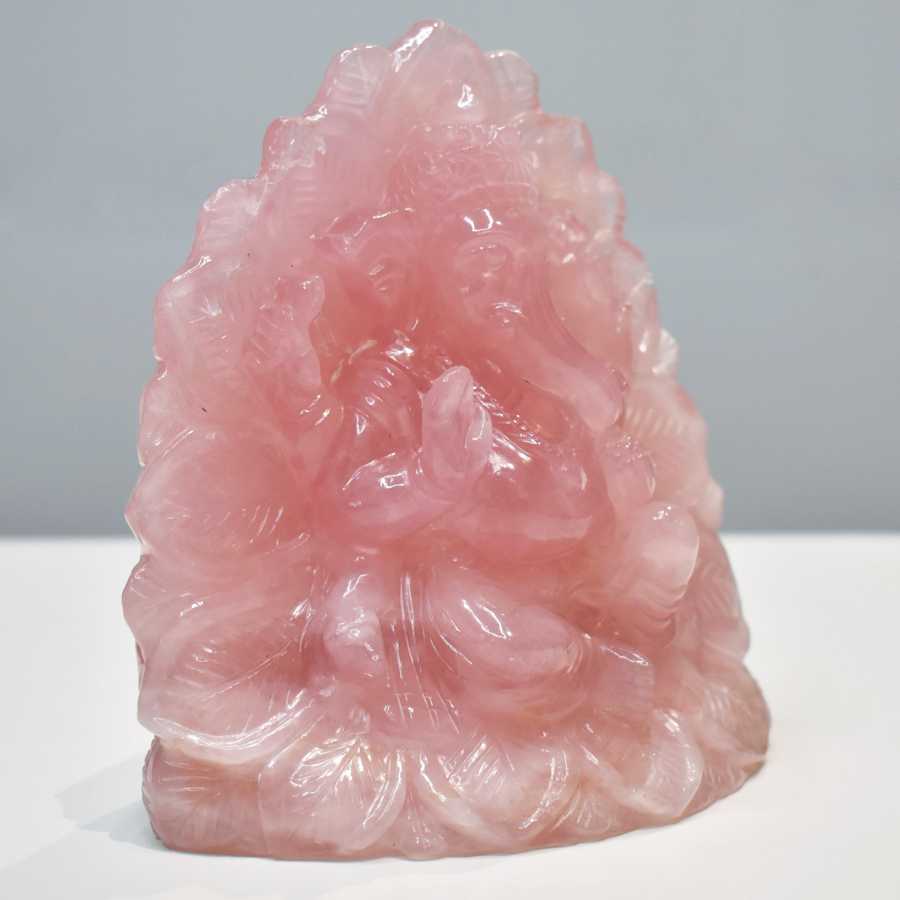 Hand-Carved Rose Quartz Ganesha Idol in Lotus Shape Sculpture Religious Figurine For Sale 5