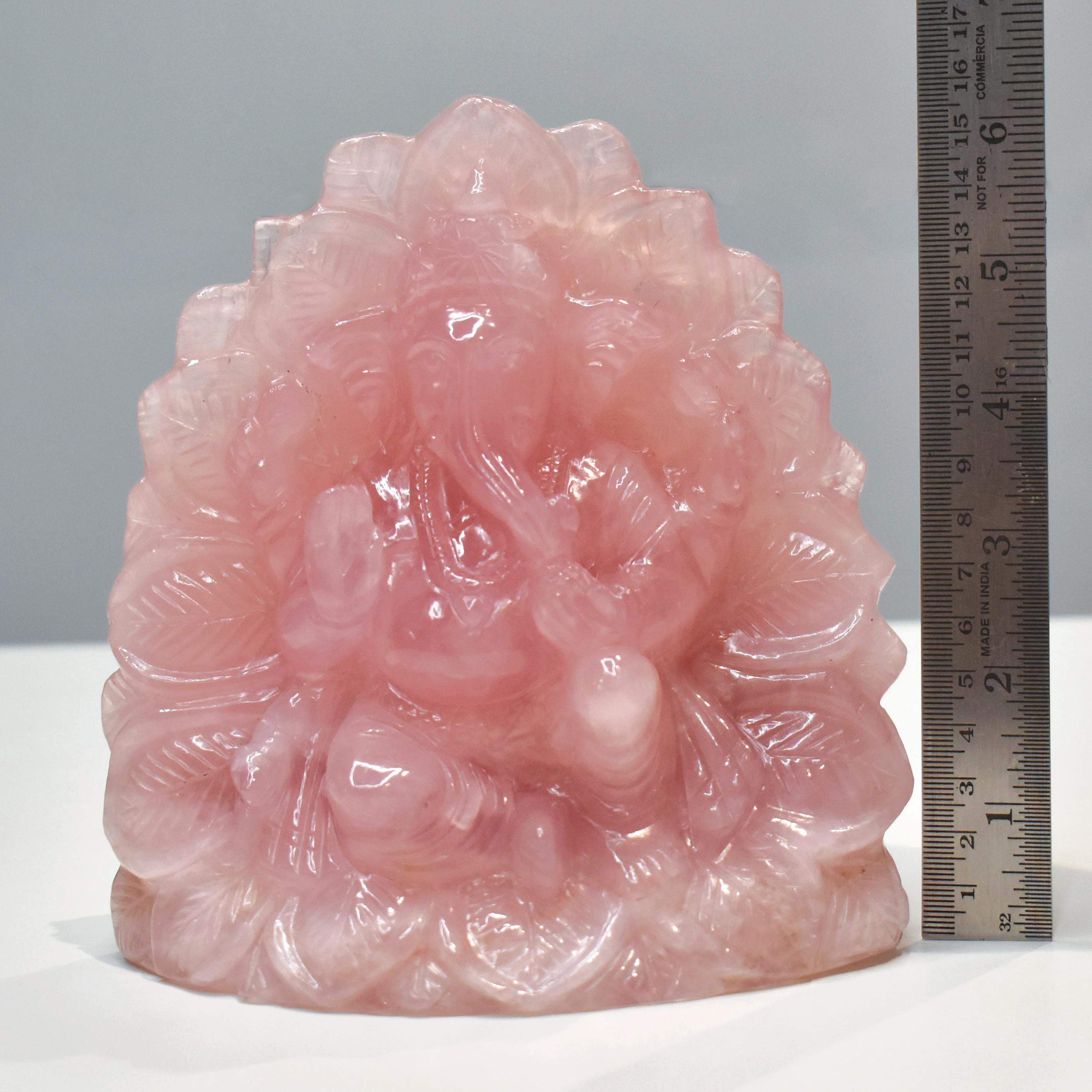 Hand-Carved Rose Quartz Ganesha Idol in Lotus Shape Sculpture Religious Figurine For Sale 6