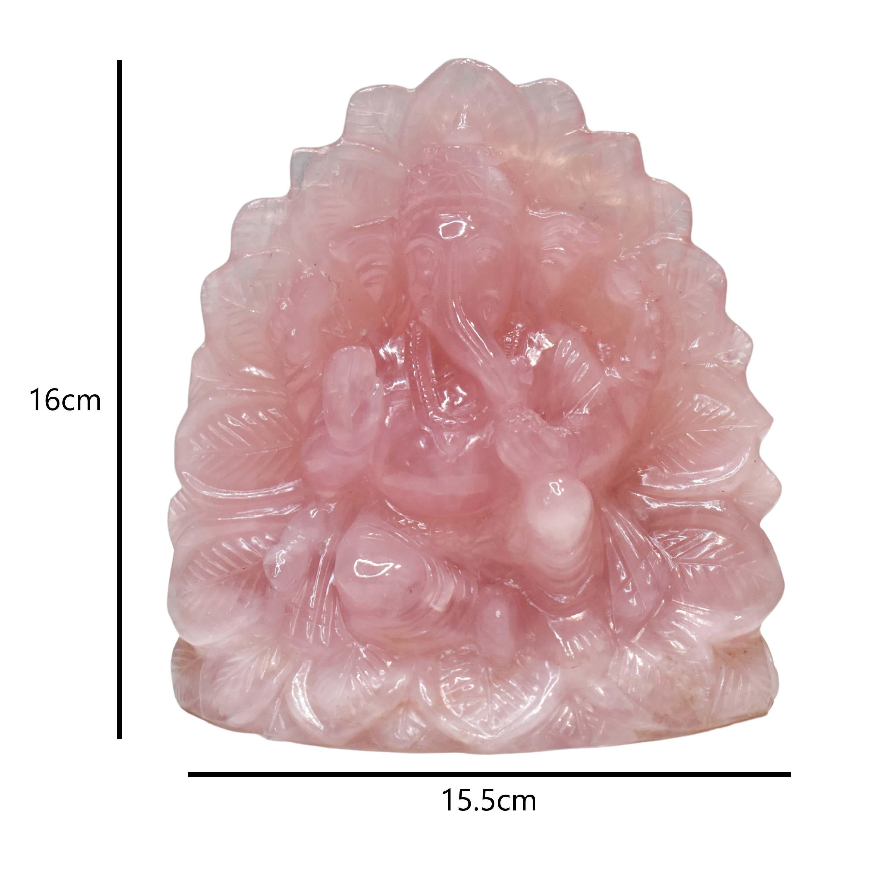 Hand-Carved Ganesha Idol in exceptional Rose Quartz Lotus Shape Sculpture Religious Figurine. 

Invite divine blessings and loving vibrations into your home with this intricately hand-carved Lord Ganesha idol in natural exceptional quality rose