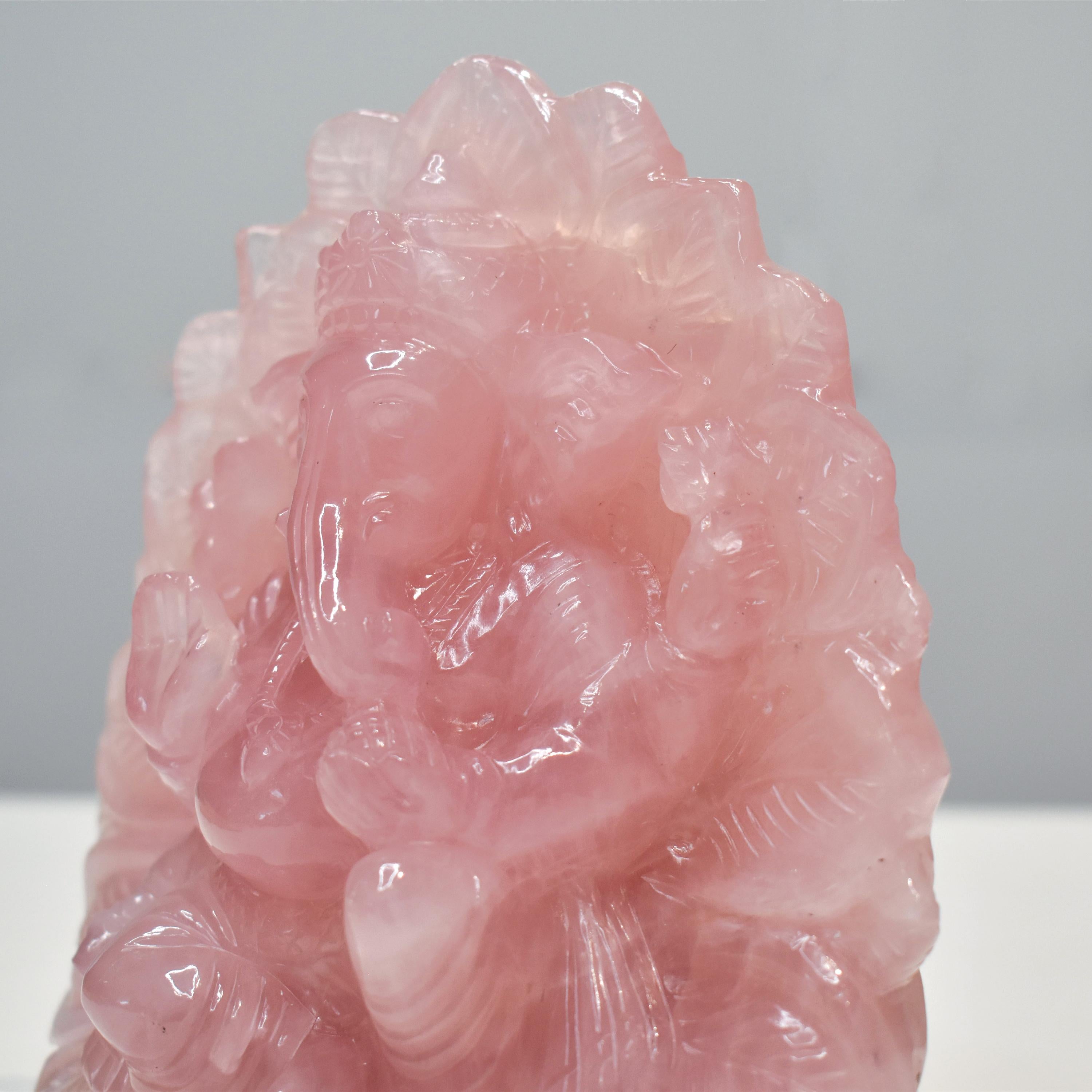 Women's or Men's Hand-Carved Rose Quartz Ganesha Idol in Lotus Shape Sculpture Religious Figurine For Sale