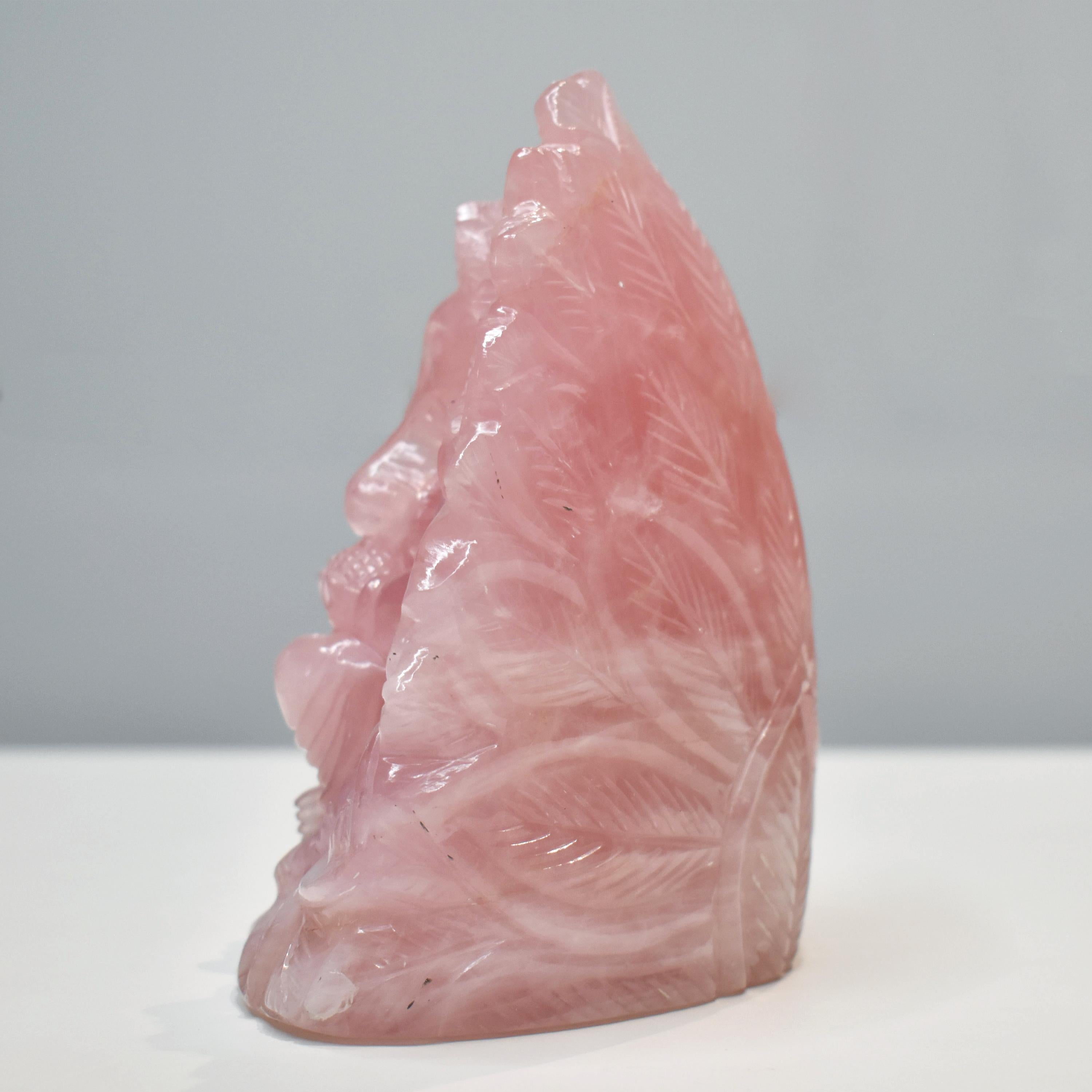 Hand-Carved Rose Quartz Ganesha Idol in Lotus Shape Sculpture Religious Figurine For Sale 1