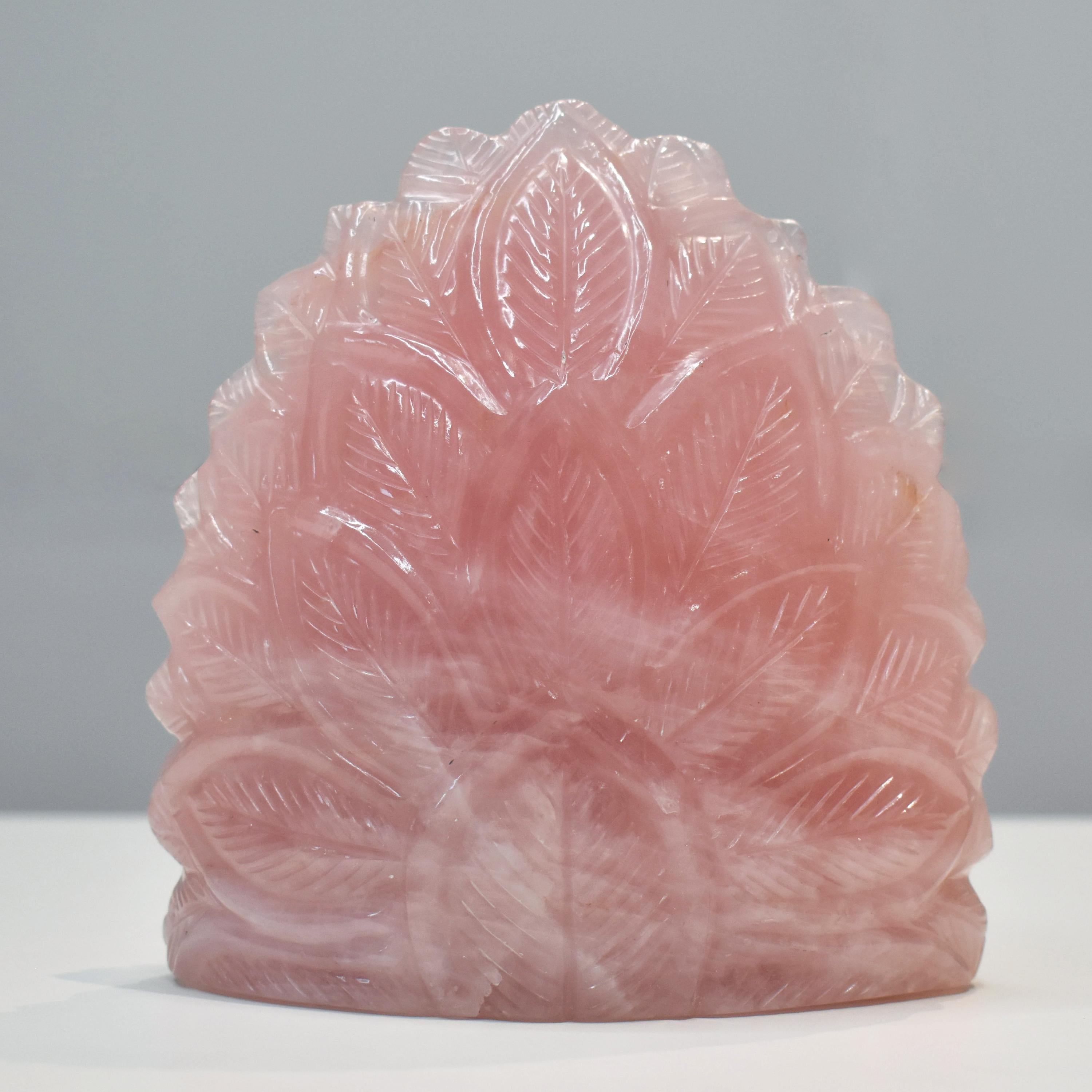 Hand-Carved Rose Quartz Ganesha Idol in Lotus Shape Sculpture Religious Figurine For Sale 2