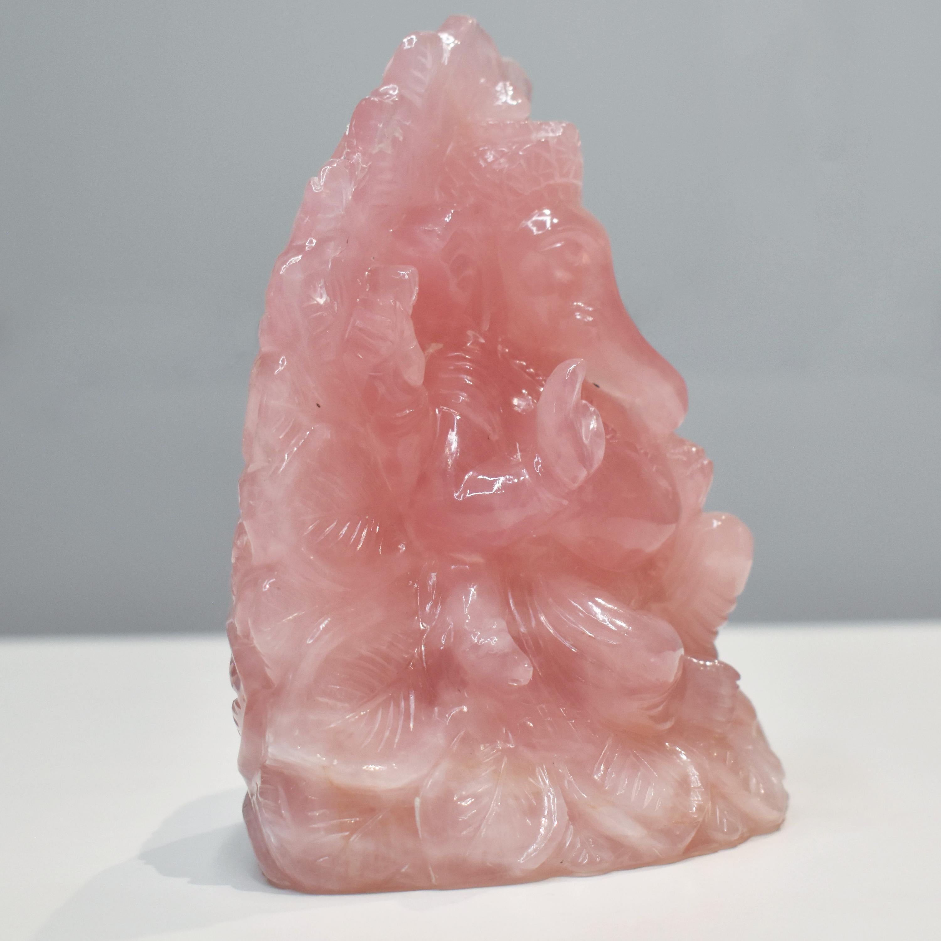 Hand-Carved Rose Quartz Ganesha Idol in Lotus Shape Sculpture Religious Figurine For Sale 3