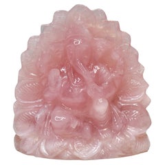 Hand-Carved Rose Quartz Ganesha Idol in Lotus Shape Sculpture Religious Figurine