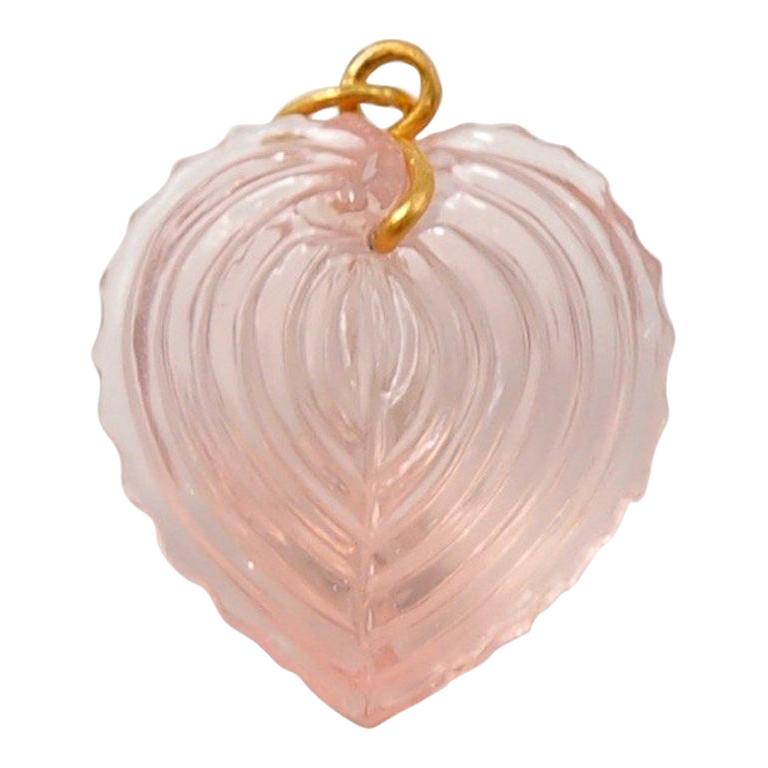 Hand Carved Rose Quartz Heart Shell 22 Karat Gold Pendant