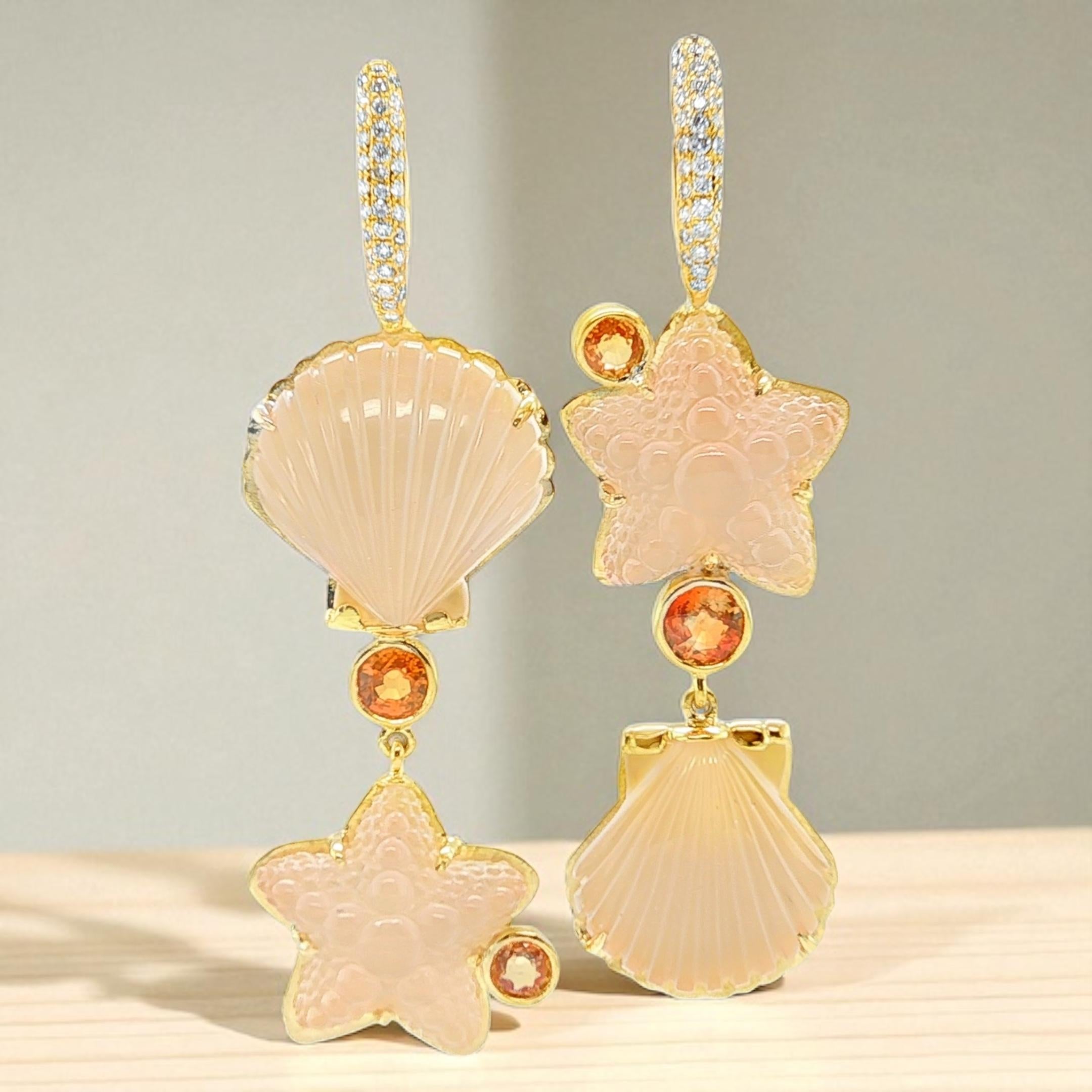 Boucles d'oreilles en or 18k avec étoile de mer et coquillage en quartz rose sculpté à la main Pour femmes en vente