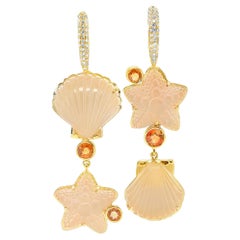 Handgeschnitzter Rosenquarz Seestern und Muscheln 18k Gold Ohrringe