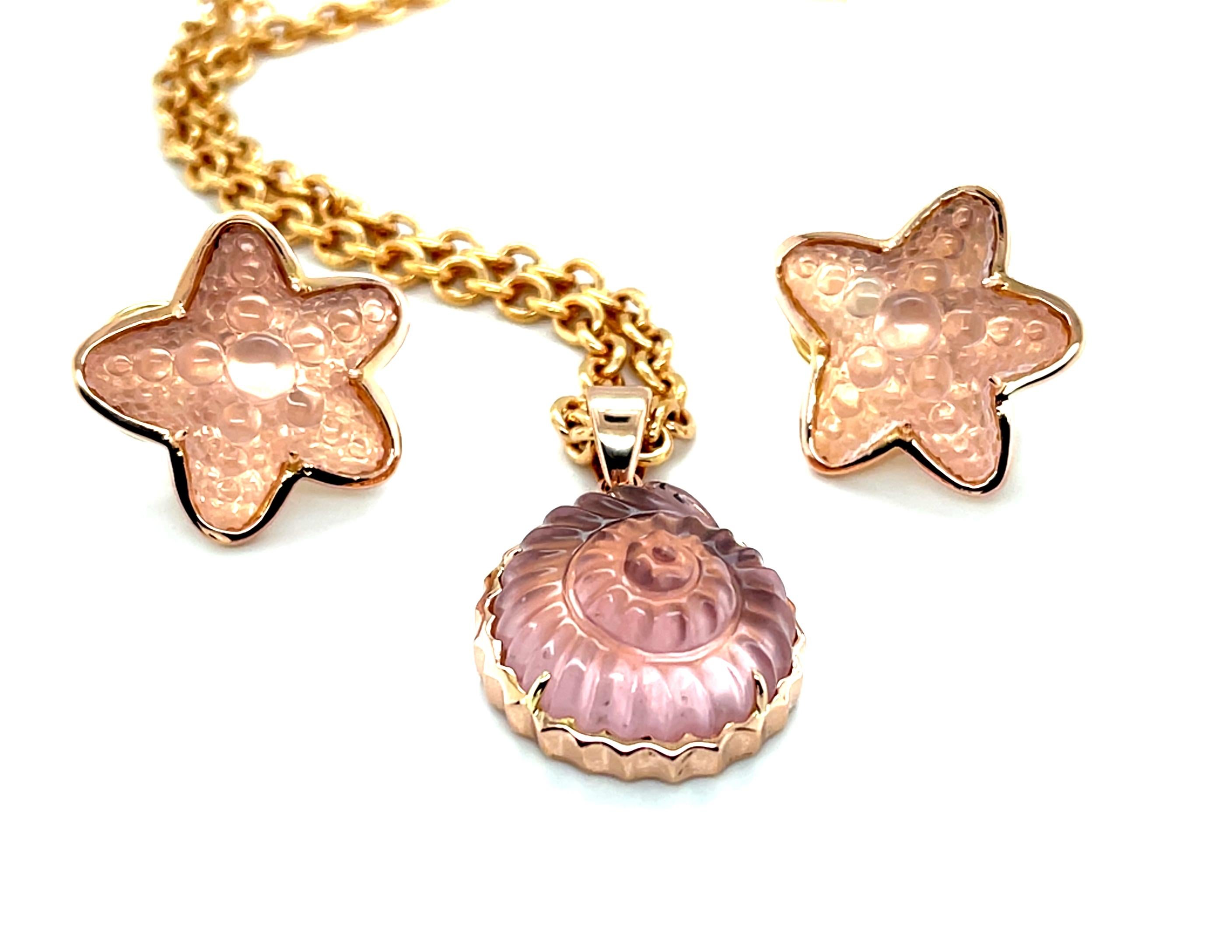 Pendientes Estrella de Mar de Cuarzo Rosa Tallada a Mano en Oro Rosa con Cierre de Clip Francés en Nuevo estado para la venta en Los Angeles, CA