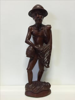 Hand Carved Rosewood 25" Asian Fisherman Statue