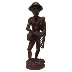 Hand Carved Rosewood 25" Asian Fisherman Statue