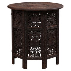 Hand Carved Round Anglo-Indian Tea or Side Table, Vining Foliage Motif