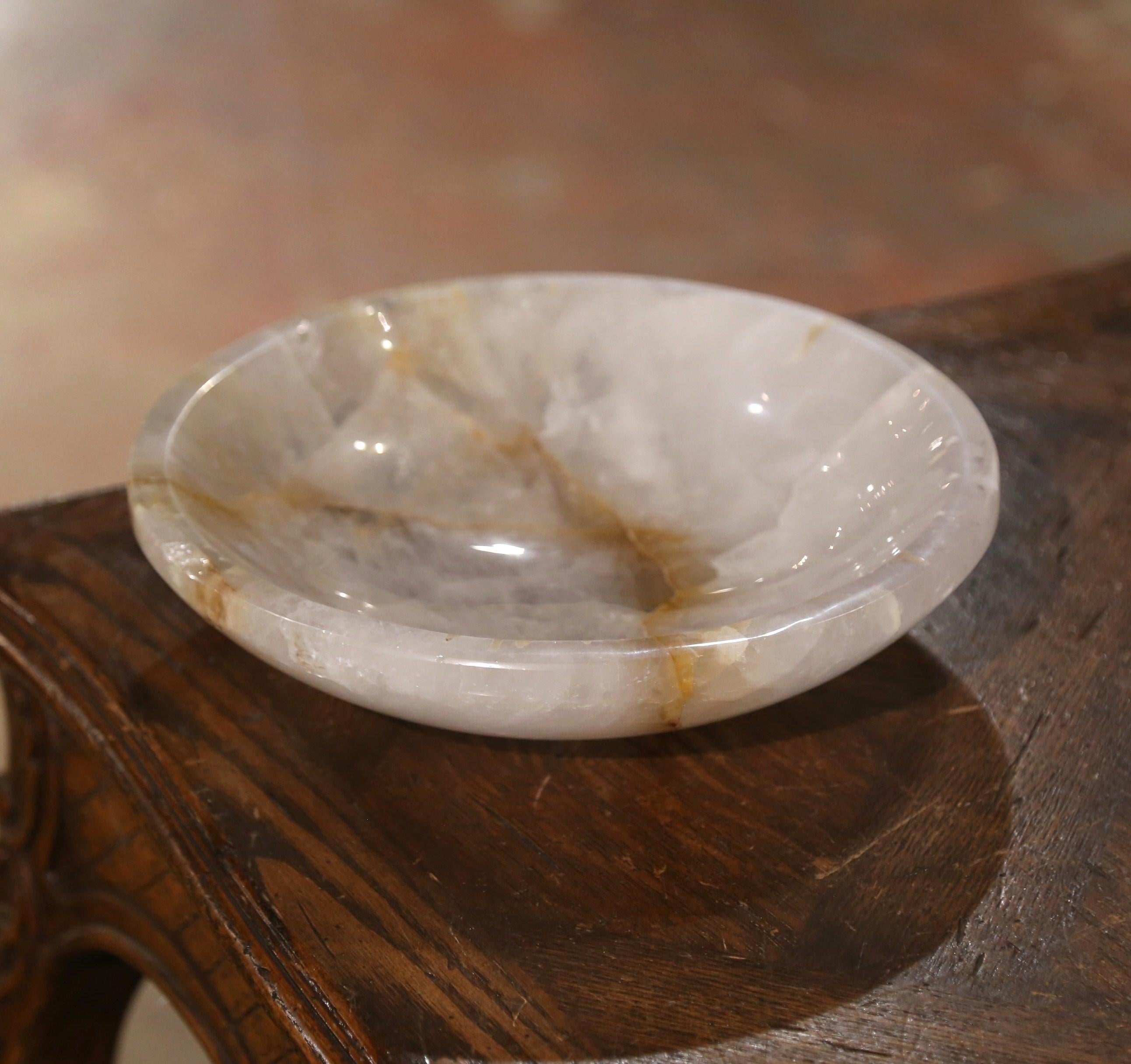 Hand-Carved Hand Carved Round Rock Crystal Quartz Decorative Bowl Vide-Poche For Sale