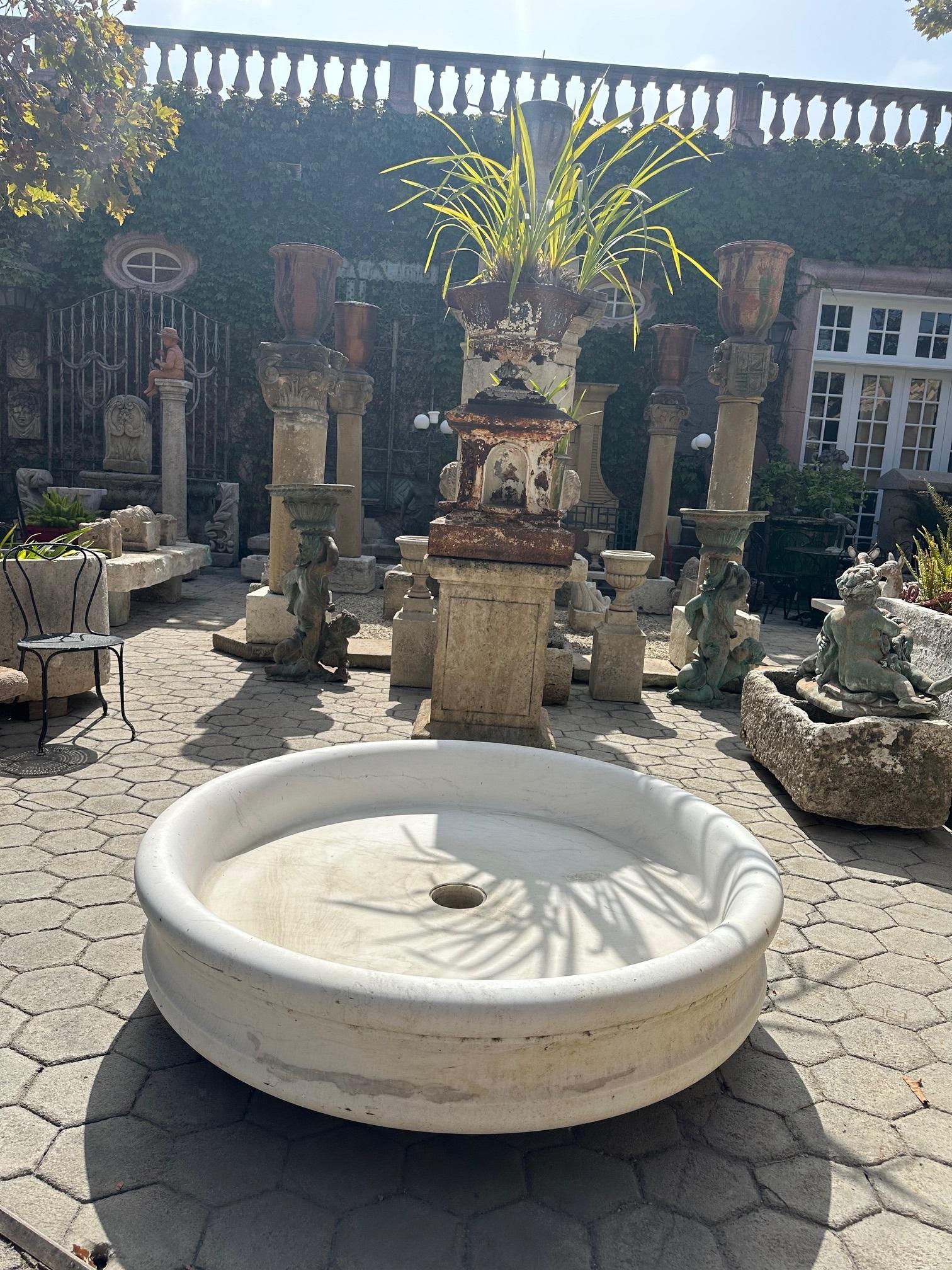 Hand Carved Round White Marble Shower Tub Basin Antique Water Center Fountain CA For Sale 9