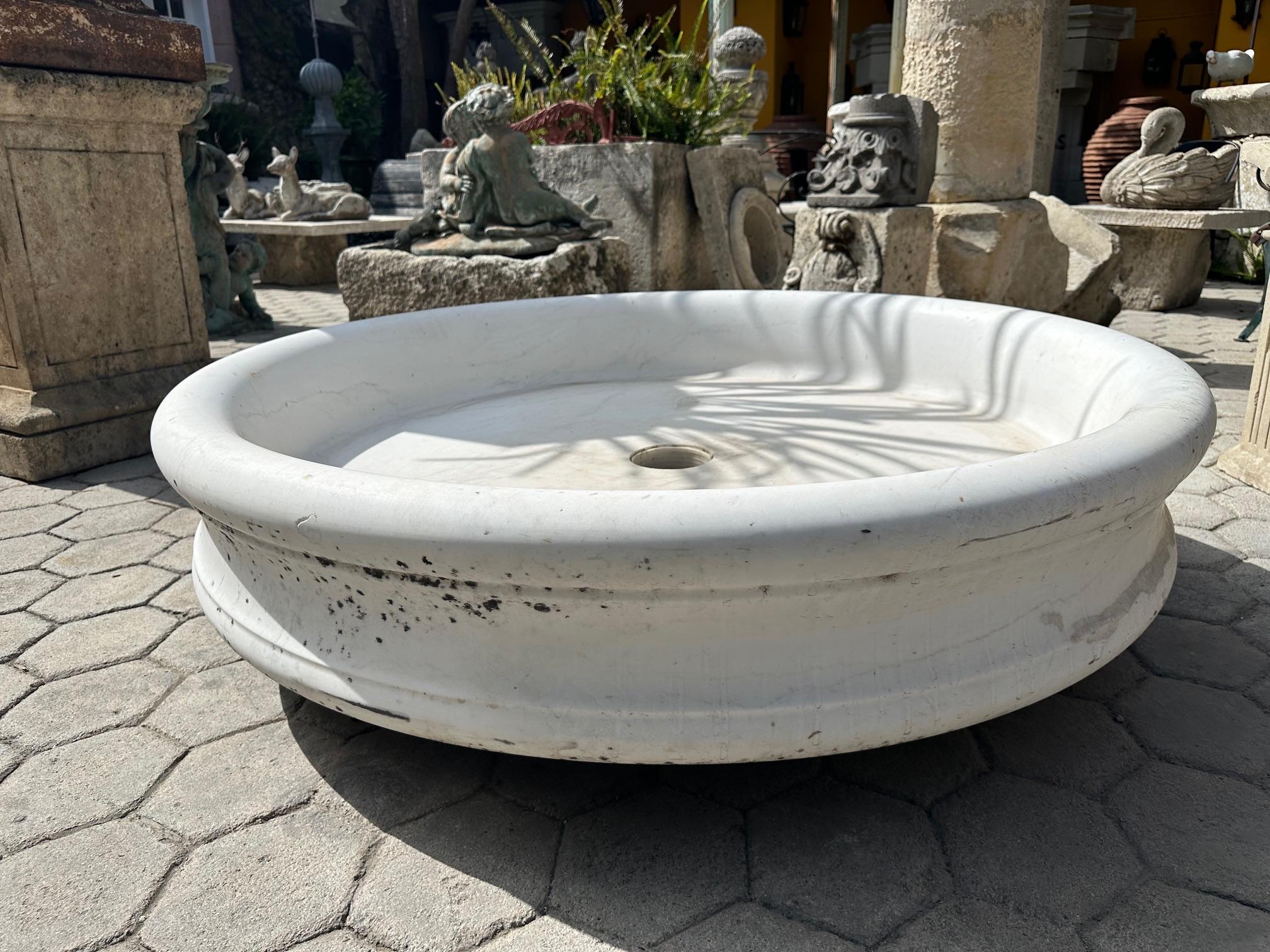 Hand Carved Round White Marble Shower Tub Basin Antique Water Center Fountain CA For Sale 13