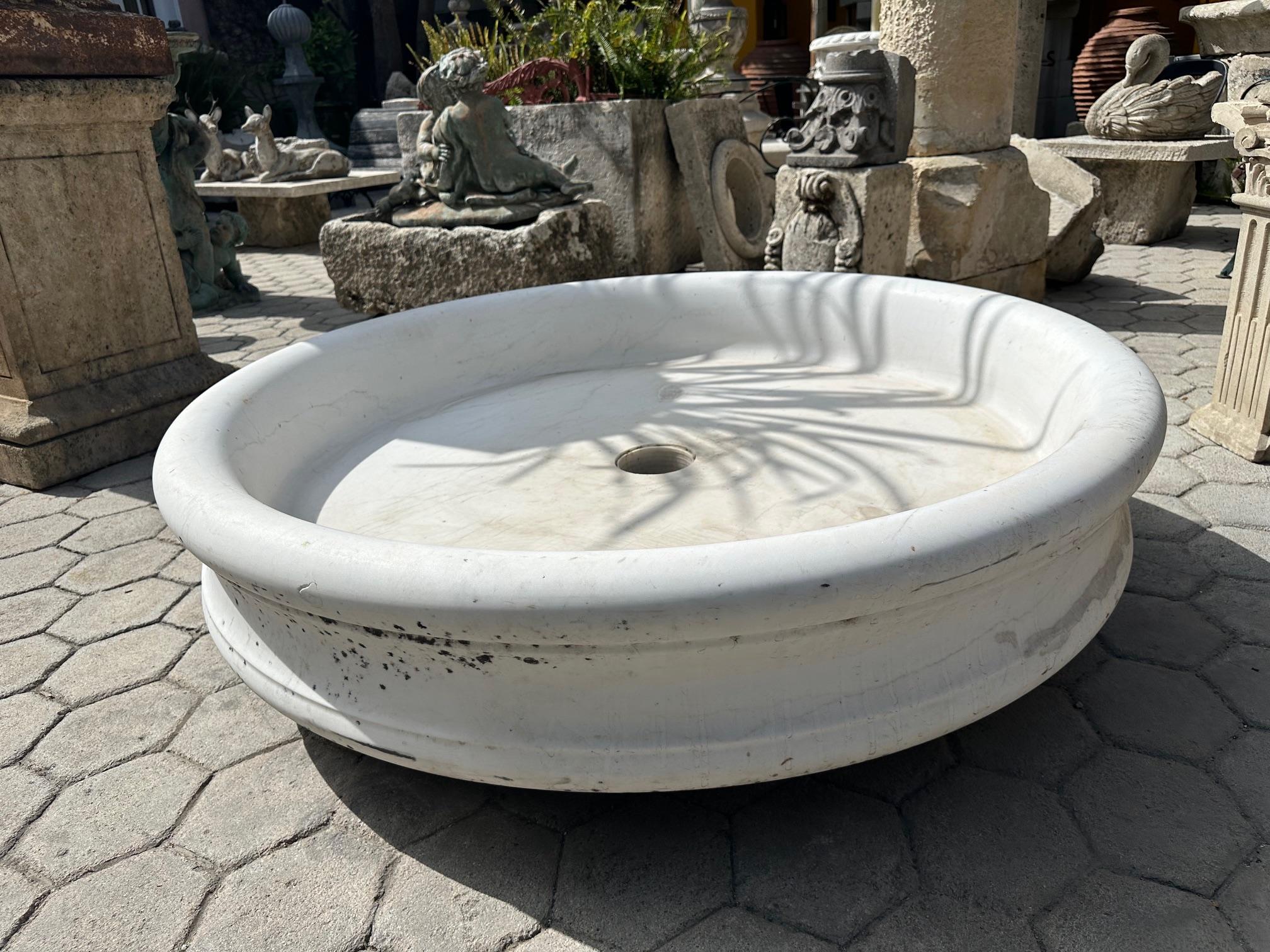 Hand Carved Round White Marble Shower Tub Basin Antique Water Center Fountain CA For Sale 14