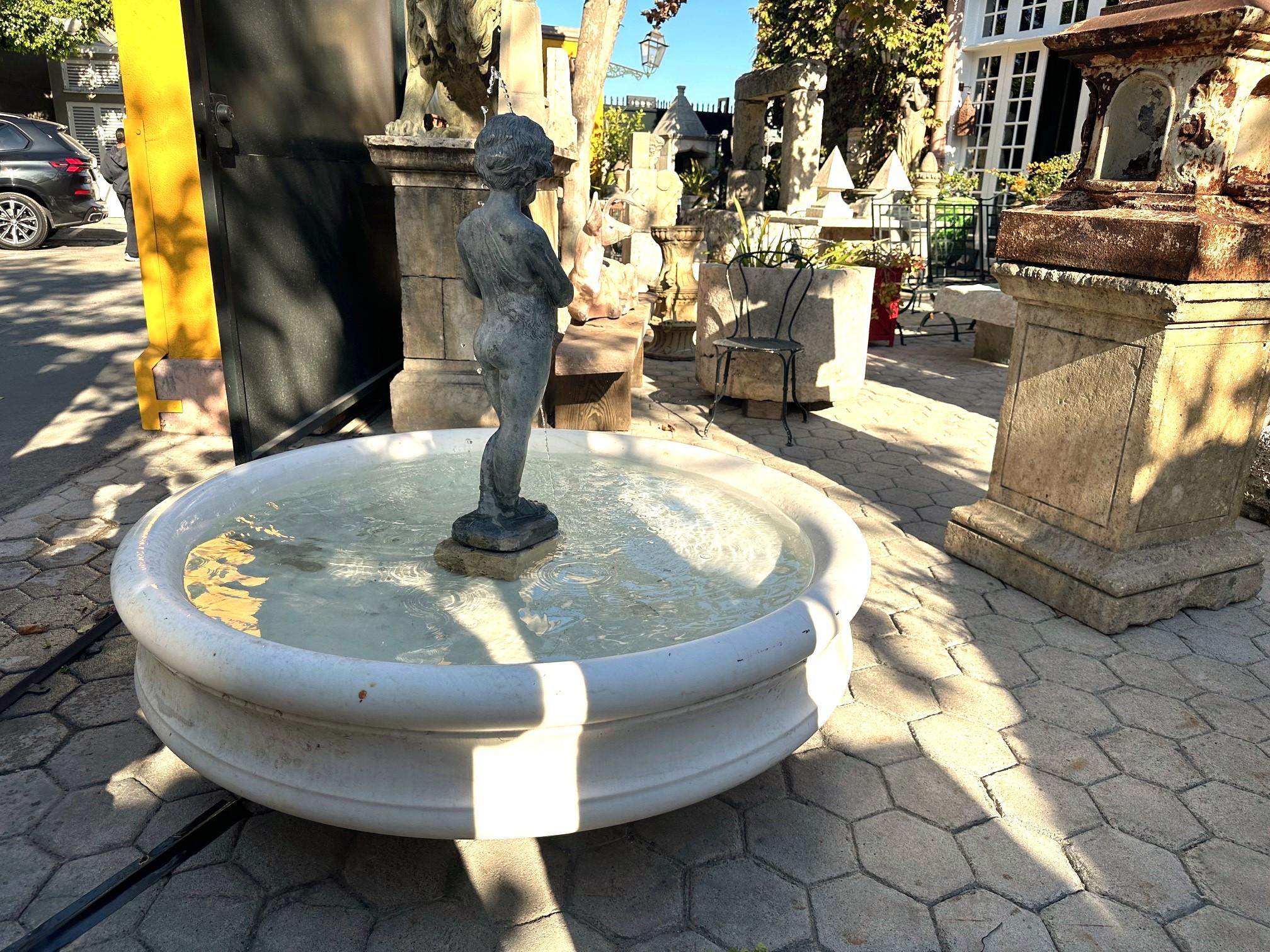 19th Century Hand Carved Round White Marble Shower Tub Basin Antique Water Center Fountain CA For Sale