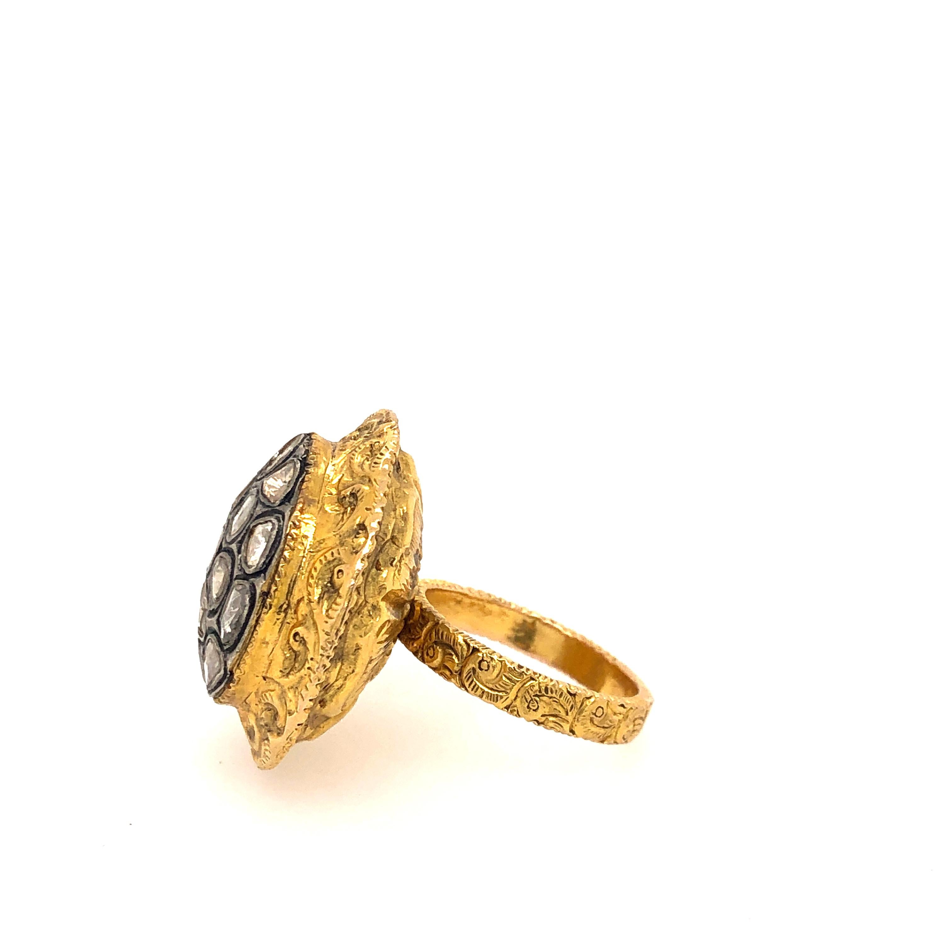 Hand-Carved Royal Looking Rose Cut Diamond Gold Ring In New Condition In New York, NY