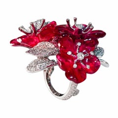 Hand Carved Ruby & Diamond 18K White Gold Cocktail Ring By Konforti Jewelry