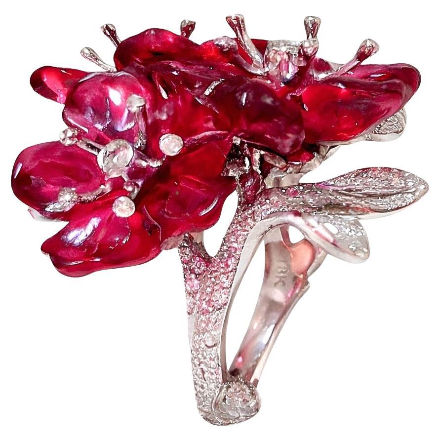 Hand Carved Ruby & Diamond 18K White Gold Ring Konforti- Handcrafted To Order