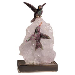 Hand Carved Ruby in Ziosite Hummingbirds on an Amethyst Cluster Matrix (8"H)
